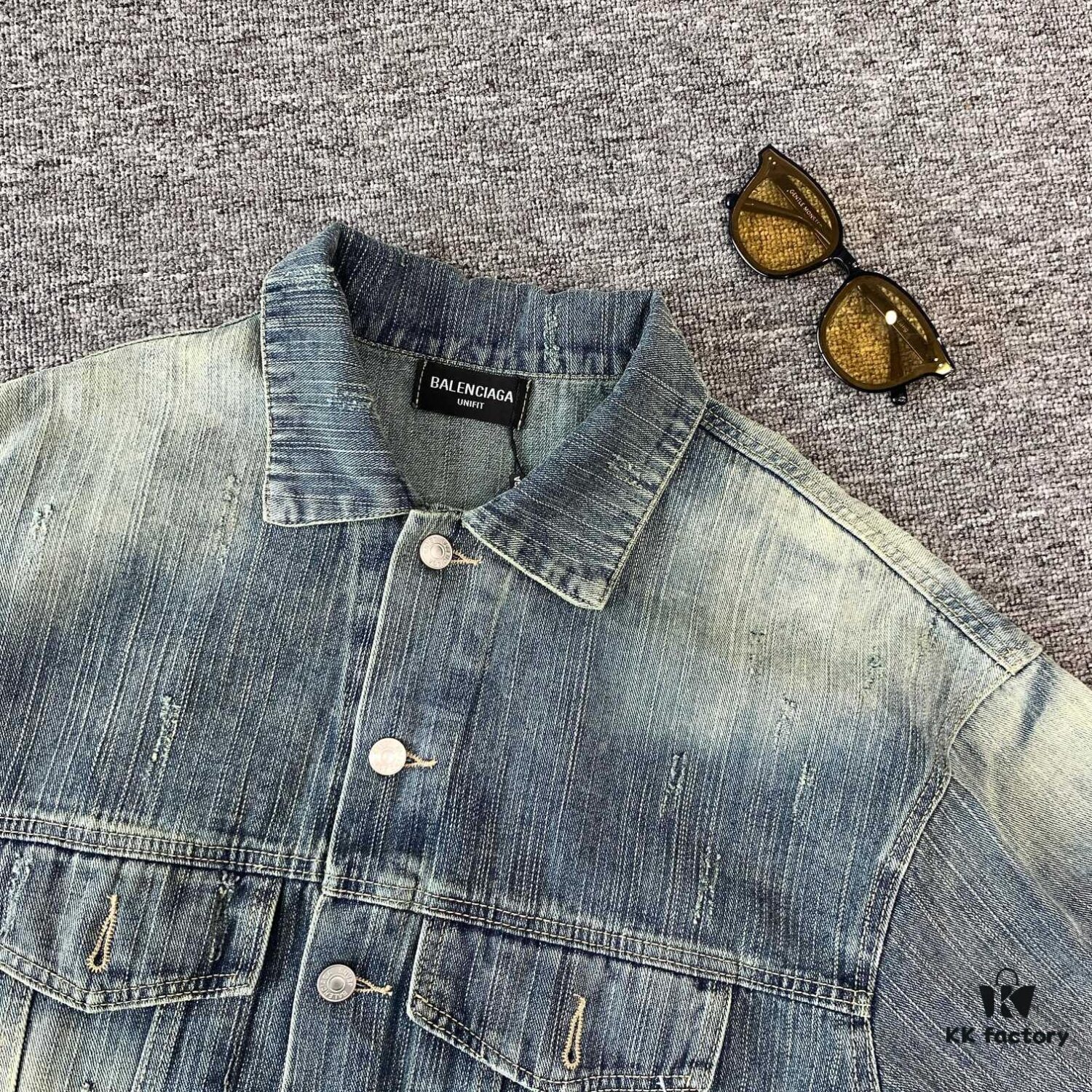 69316163908475d562cda2ea New Balenciaga BLCG Washed Vintage Back Rhinestone Logo Denim Jacket