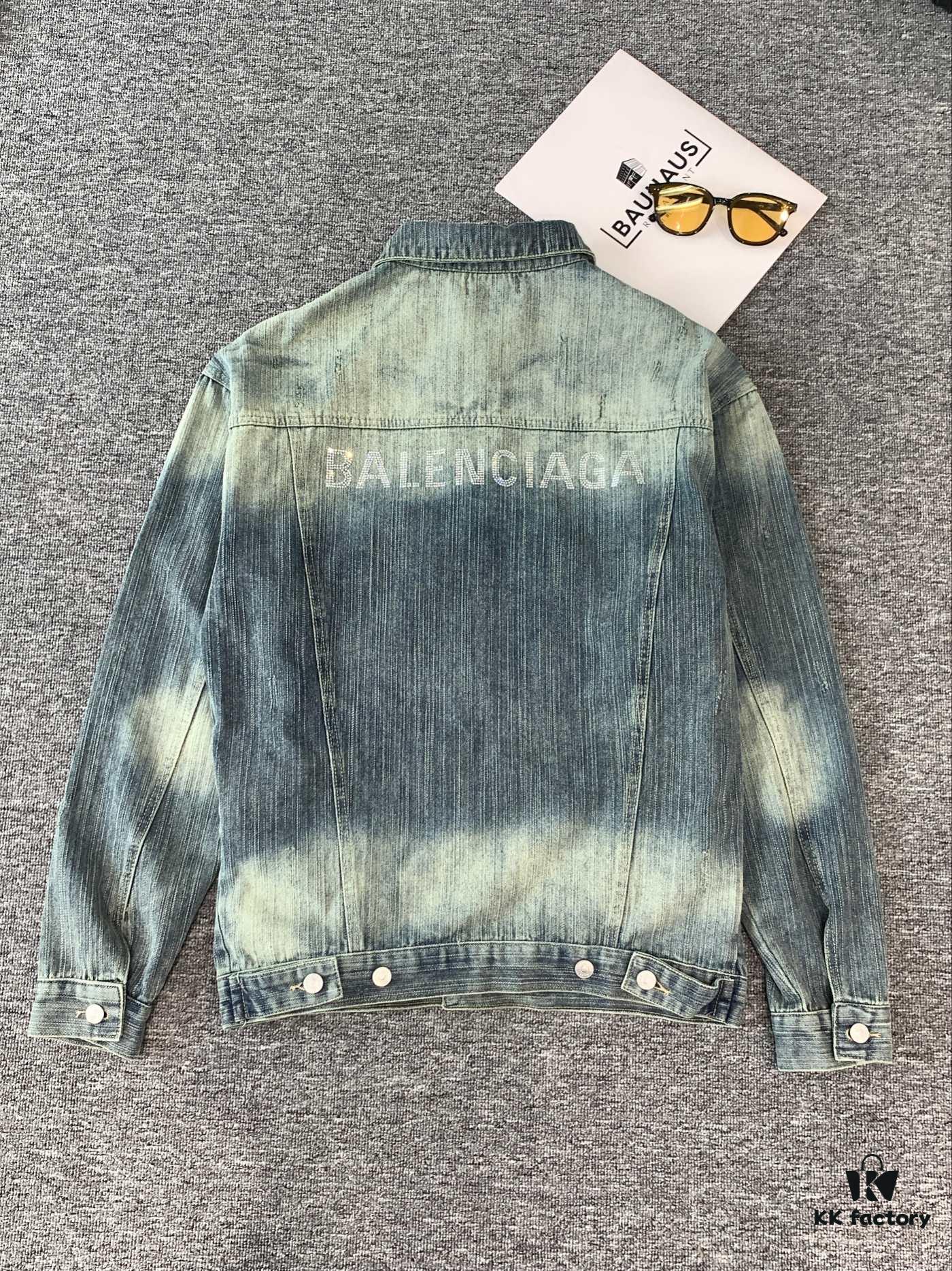 69316165908475d562cda2eb New Balenciaga BLCG Washed Vintage Back Rhinestone Logo Denim Jacket