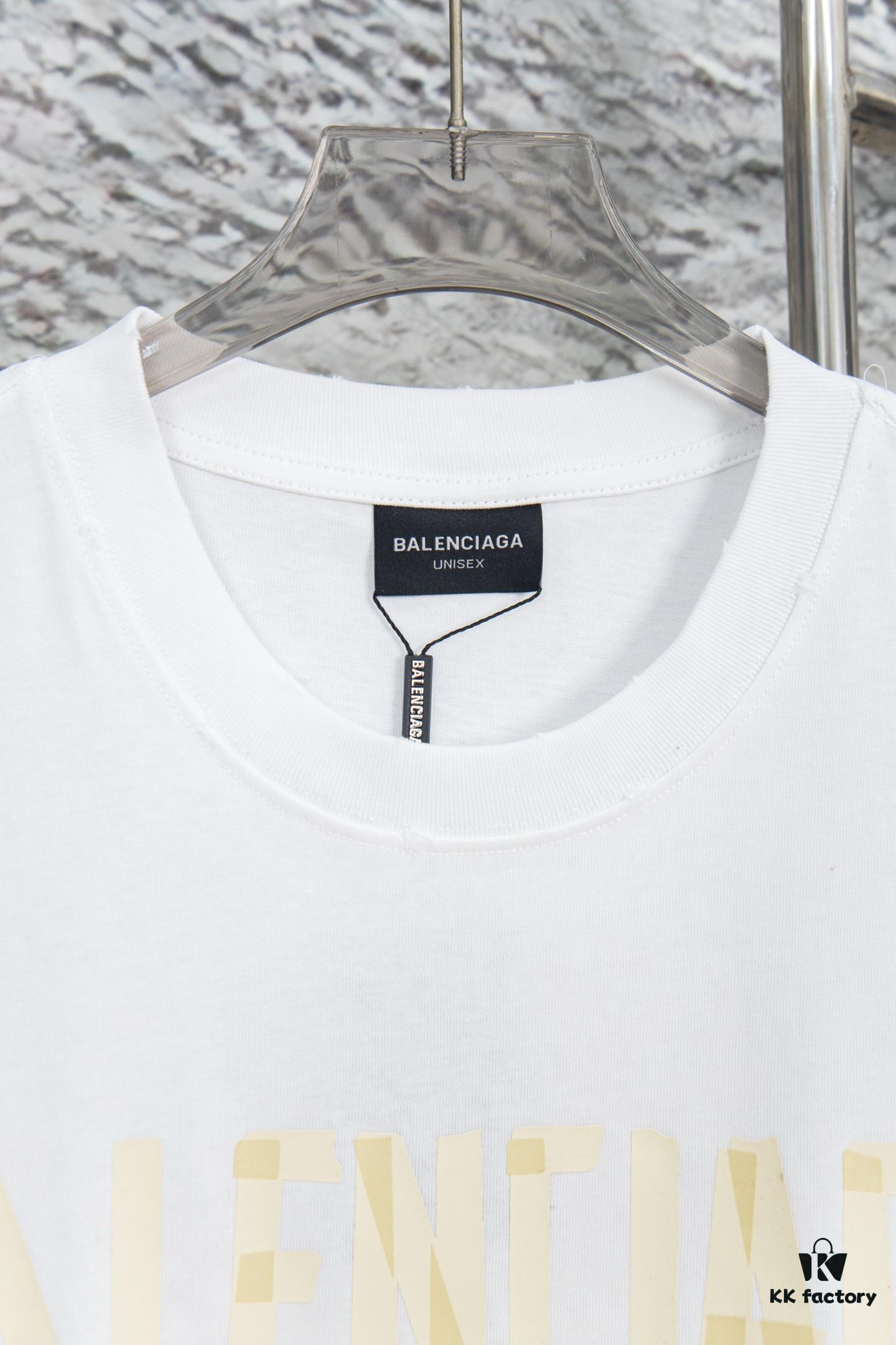 69317702908475d562cda752 Balenciaga Tape Logo Distressed Short Sleeve T-Shirt