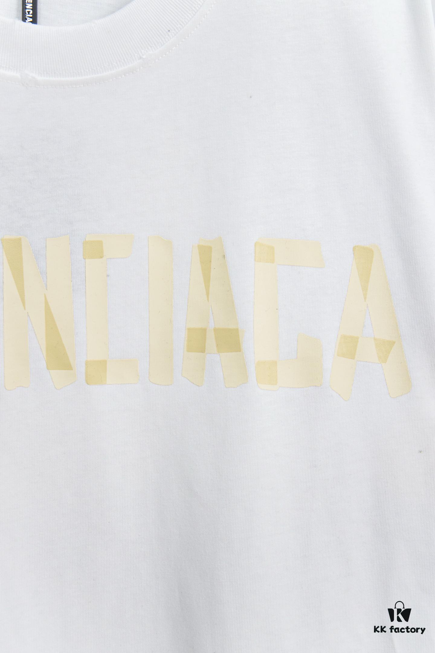 69317717908475d562cda755 Balenciaga Tape Logo Distressed Short Sleeve T-Shirt