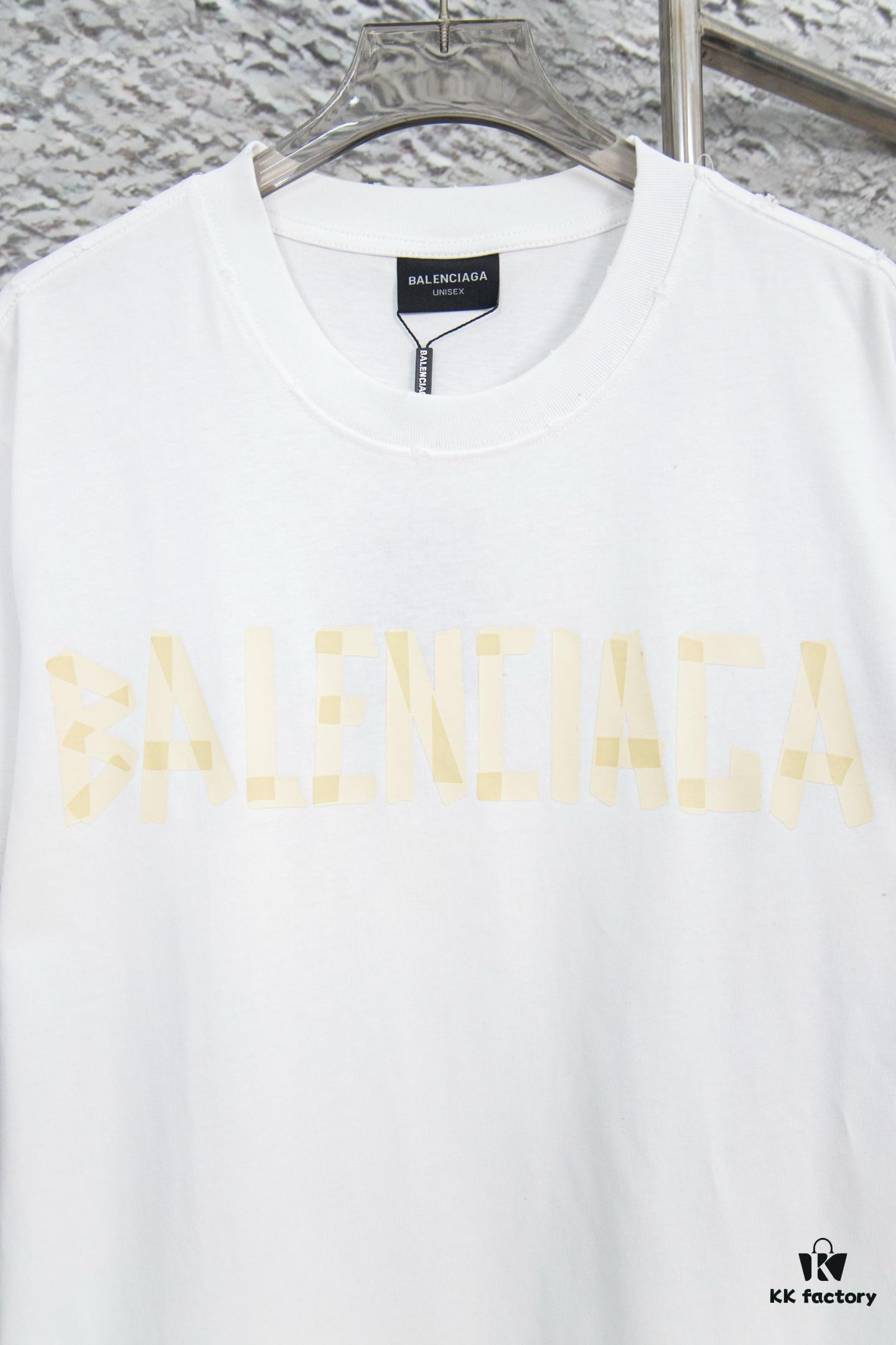 6931771f908475d562cda756 Balenciaga Tape Logo Distressed Short Sleeve T-Shirt