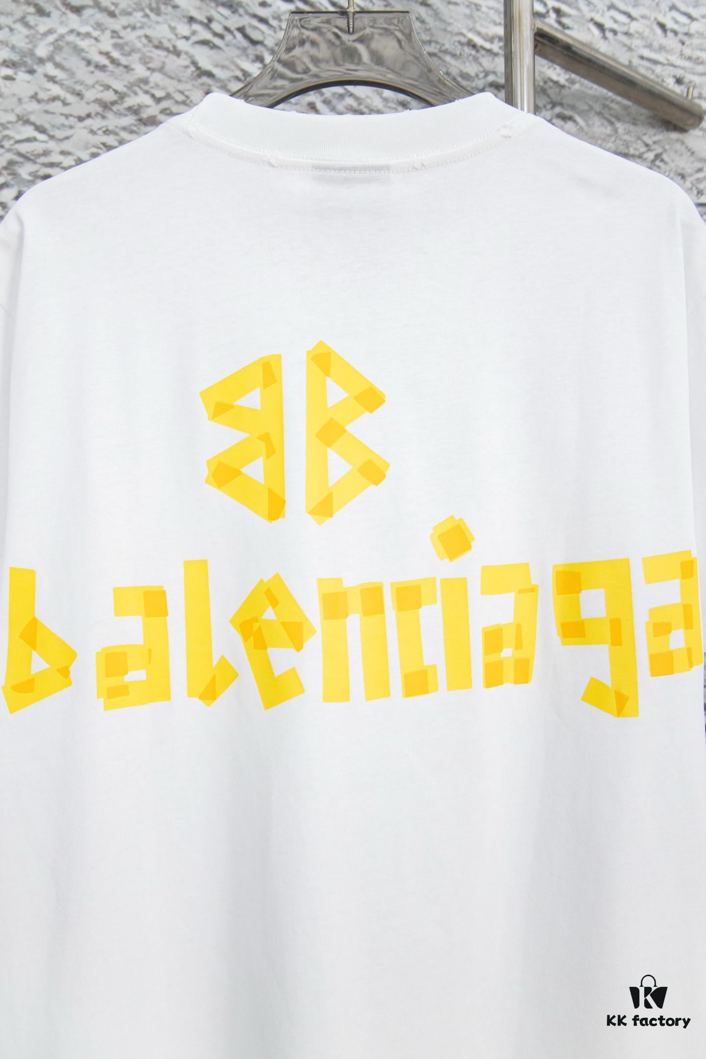 69317733908475d562cda759 Balenciaga Tape Logo Distressed Short Sleeve T-Shirt