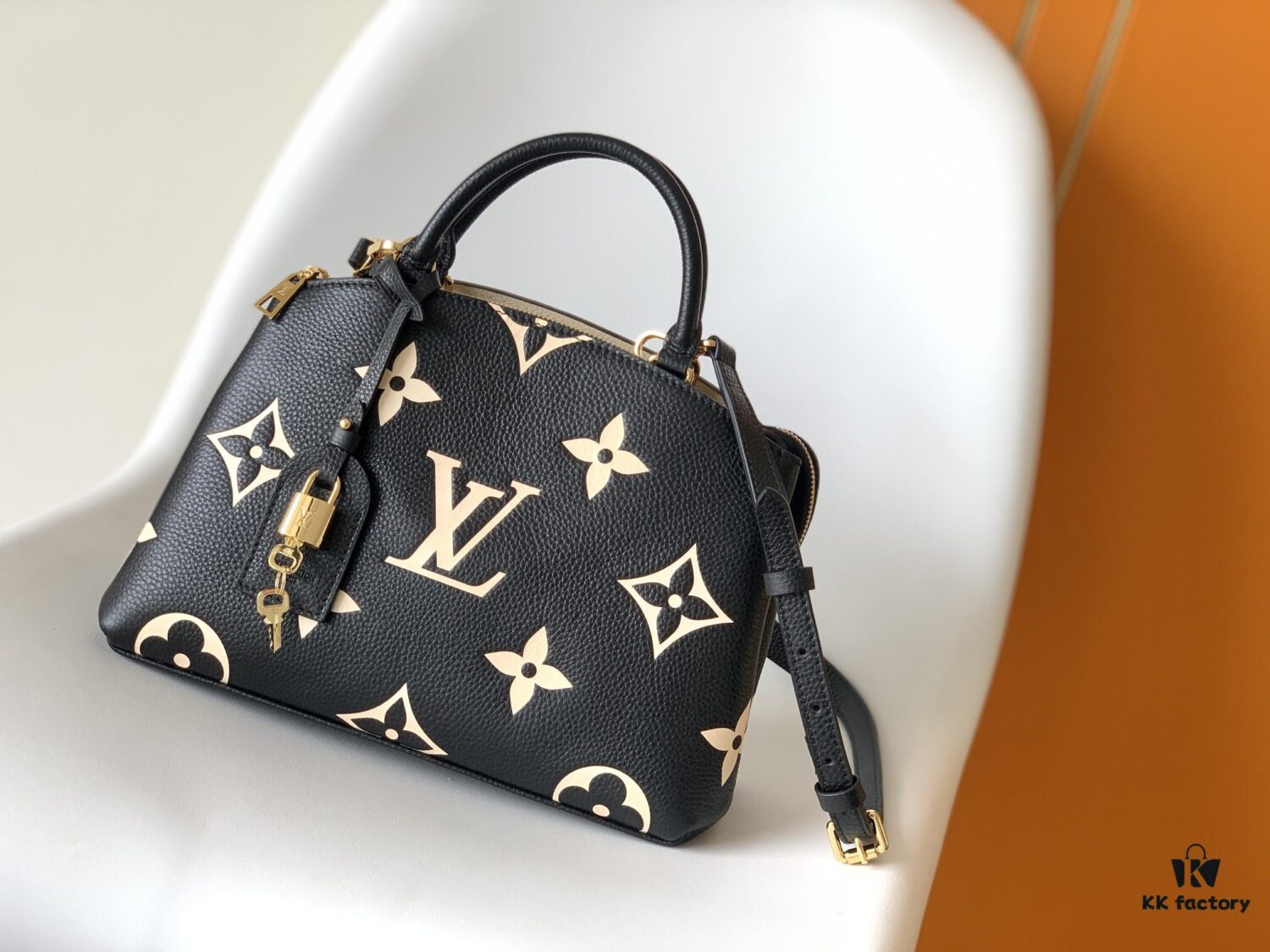 Petit Palais Handbag in Grained Leather with Monogram Flower and LV Initials