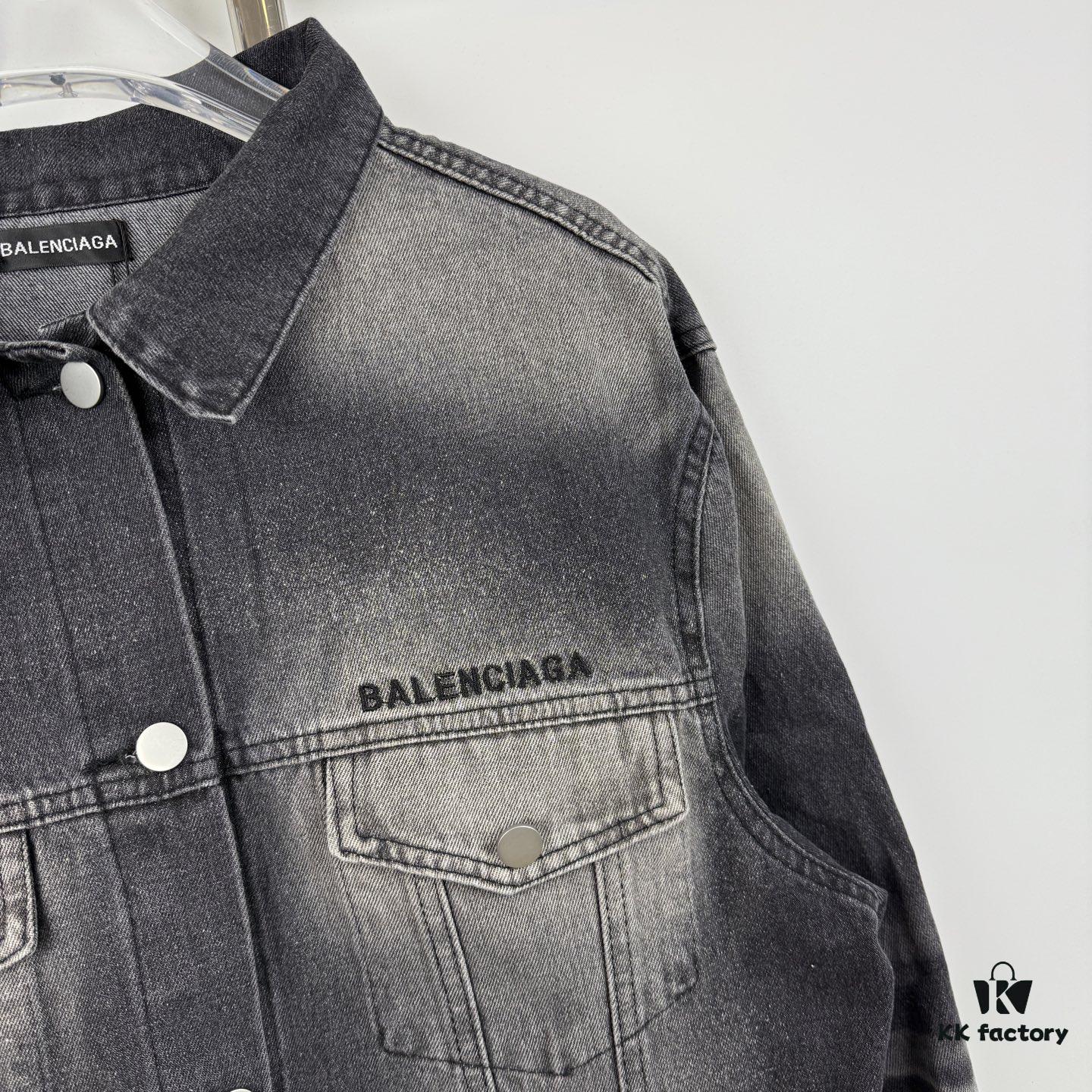 69319f84ccd8ab3d7af937b7 New Balenciaga Logo Embroidered Washed Denim Gray Jacket