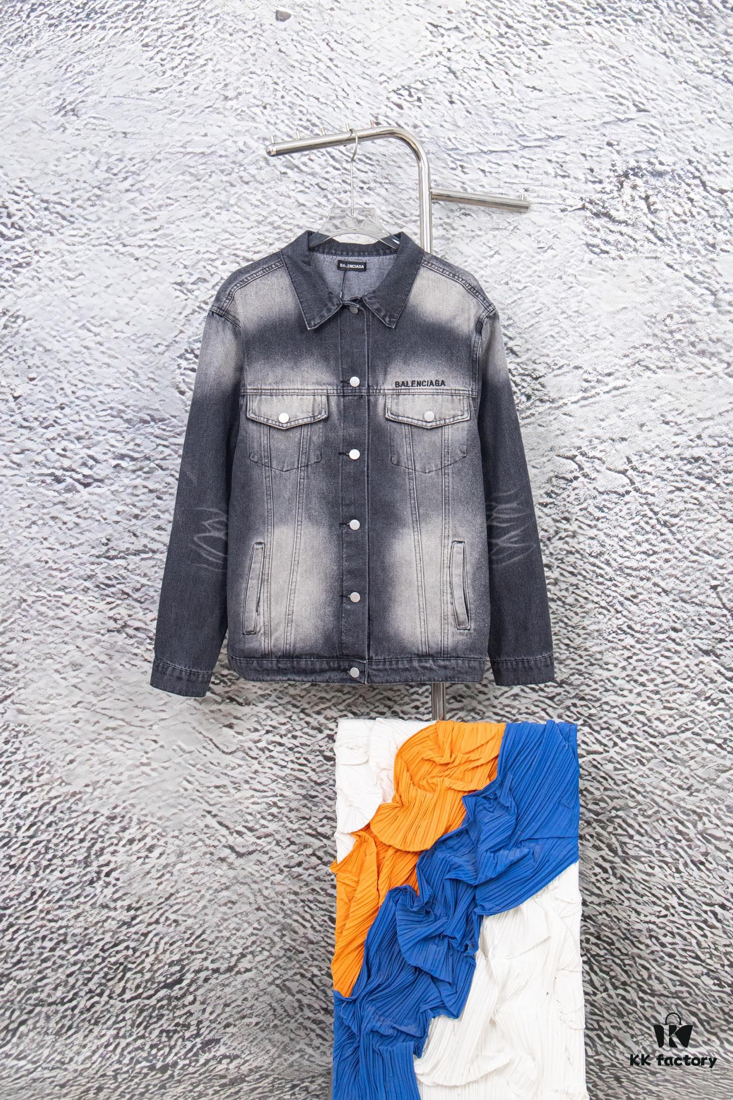 Balenciaga Logo Embroidered Washed Denim Gray Jacket