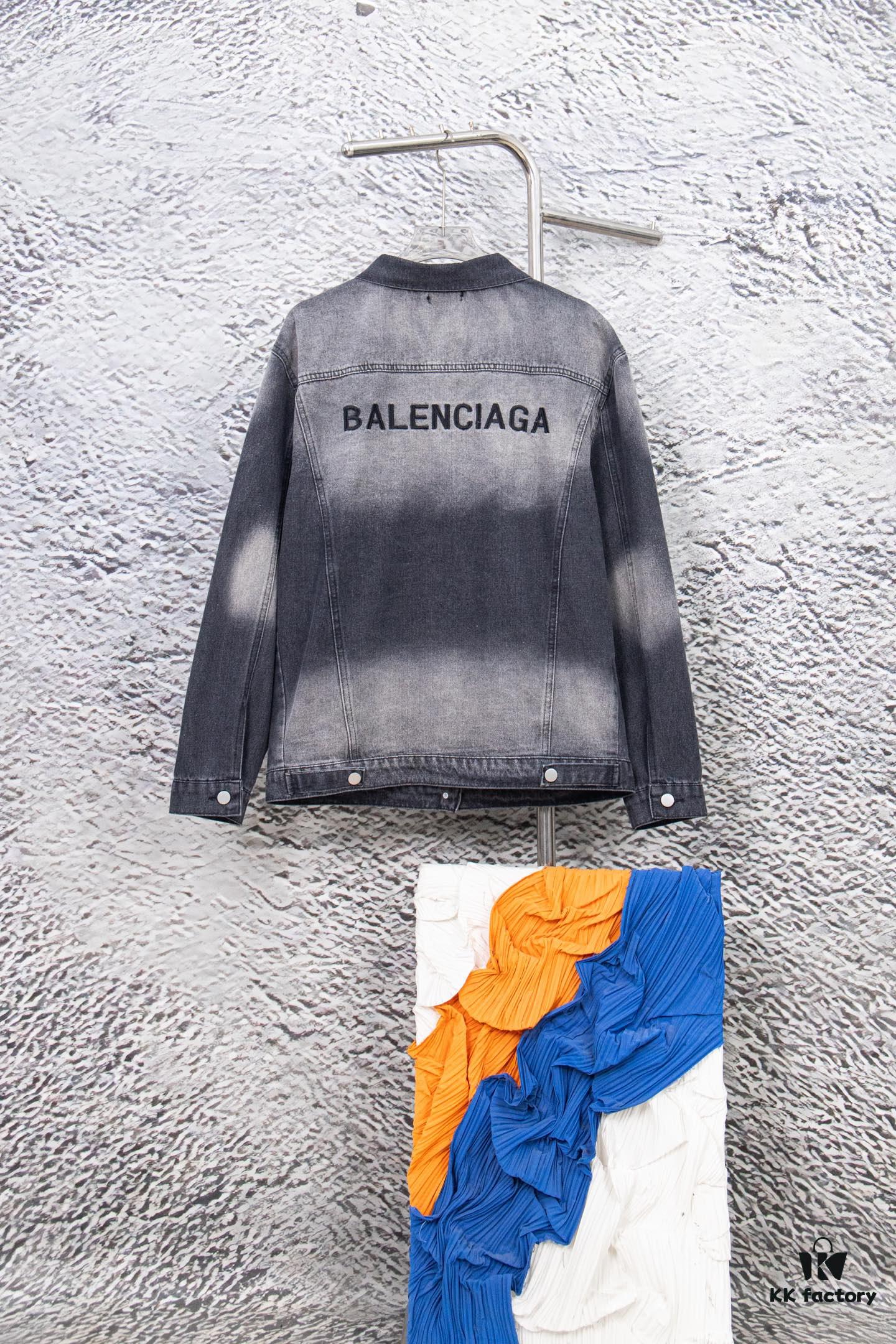Balenciaga Logo Embroidered Washed Denim Gray Jacket