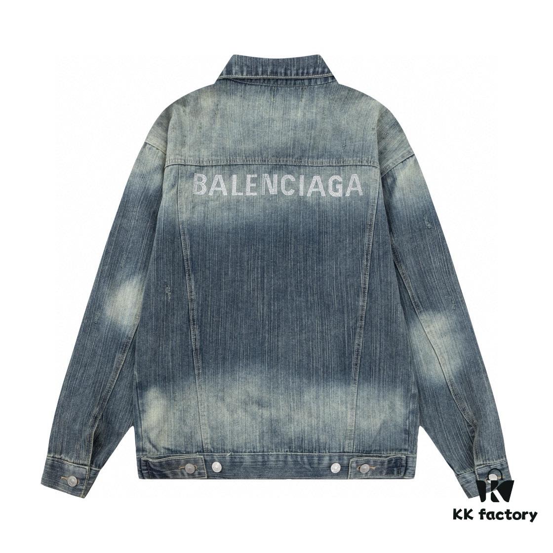 69319fd5ccd8ab3d7af9390a New Balenciaga-inspired Washed Vintage Denim Jacket with Back Rhinestone Lettering