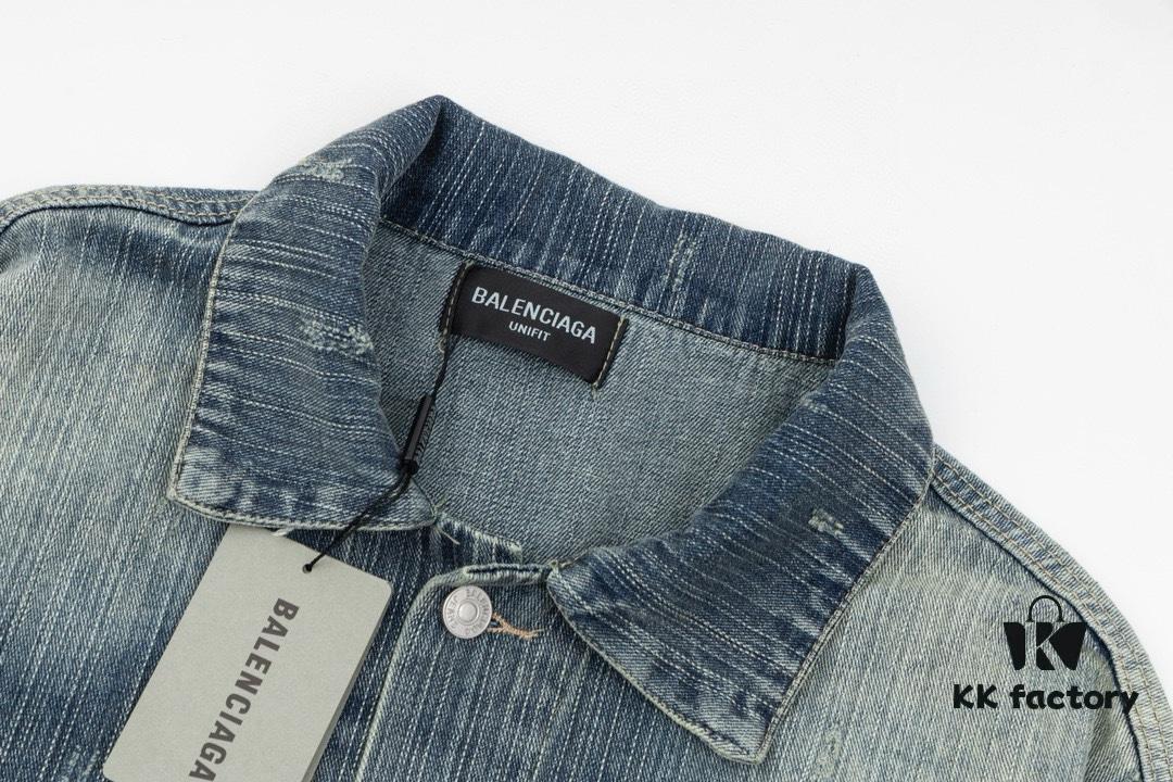 69319fd5ccd8ab3d7af9390b New Balenciaga-inspired Washed Vintage Denim Jacket with Back Rhinestone Lettering