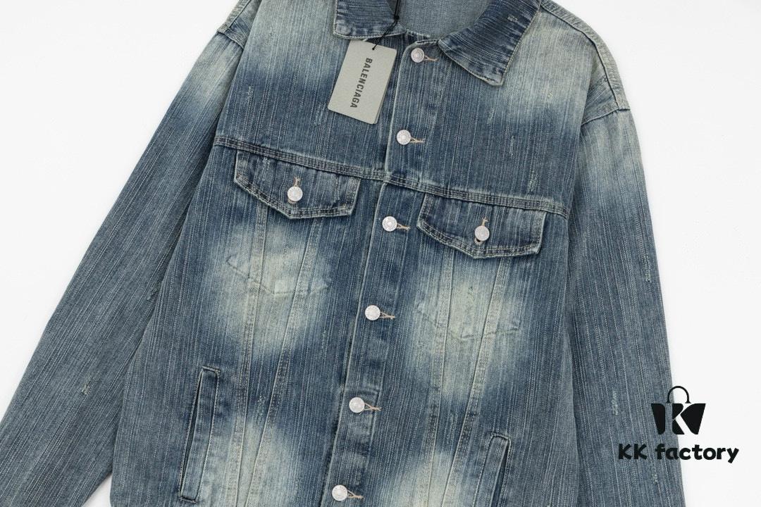 69319fd5ccd8ab3d7af9390c New Balenciaga-inspired Washed Vintage Denim Jacket with Back Rhinestone Lettering