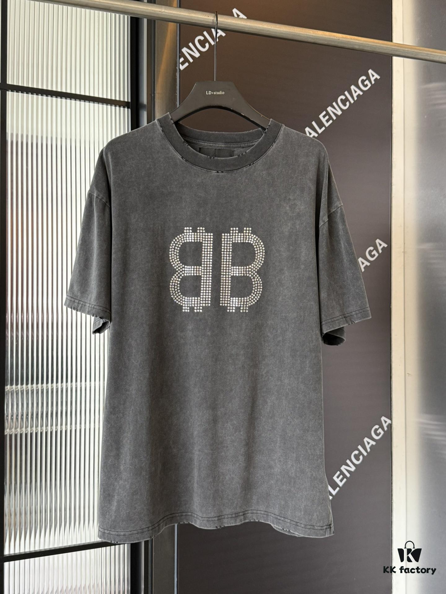 69319fdfccd8ab3d7af939de Balenciaga BB Logo Rhinestone Letter Distressed Washed T-Shirt, Premium Version (Different from Standard Stock), 250g Fabric, Multi-Tear and Ripped Wash Treatment, High-Brightness Imported Australian Rhinestones, Heat-Pressed for Durability, Loose Fit Unisex Short Sleeve Tee
