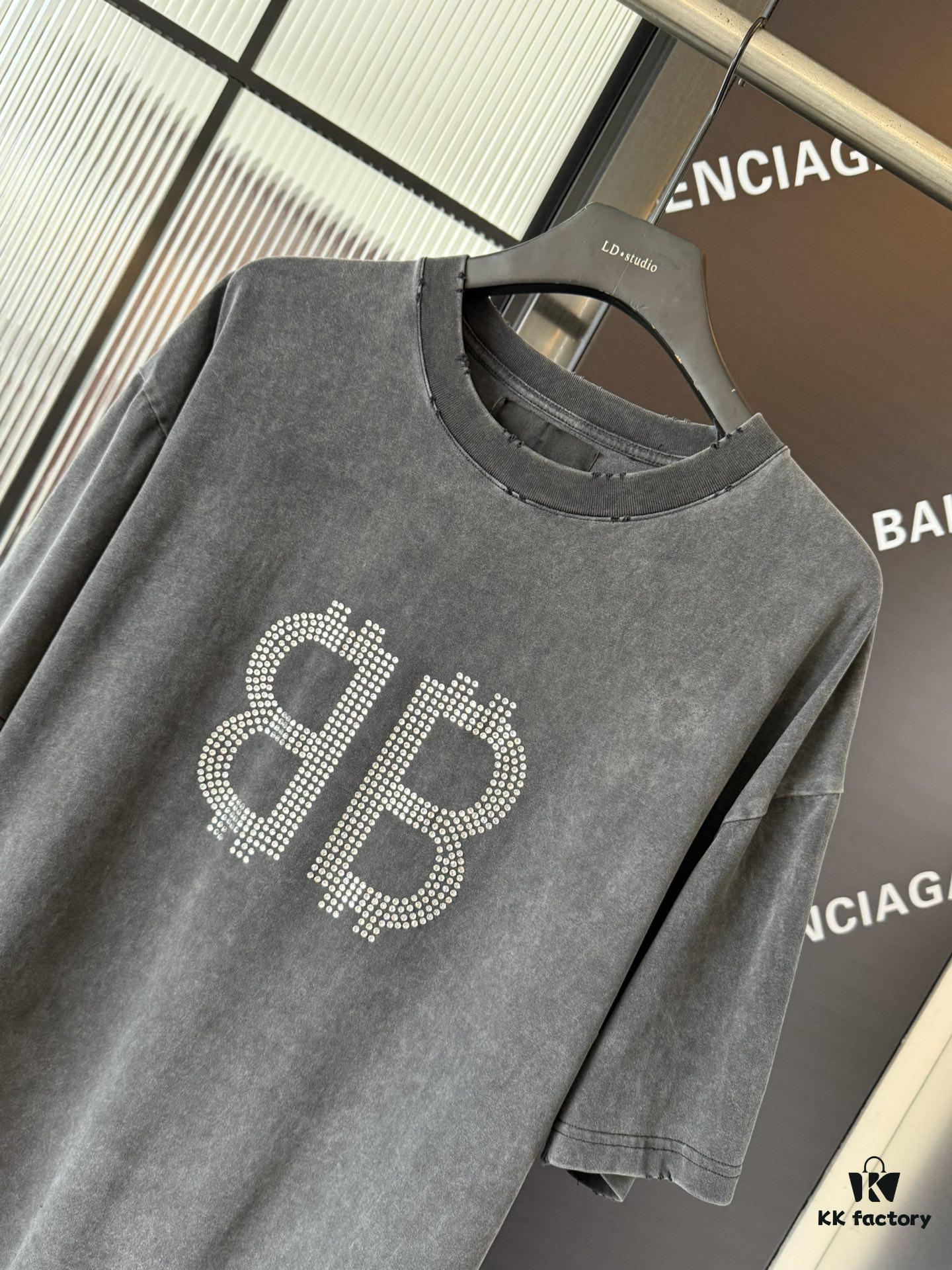 69319fdfccd8ab3d7af939df Balenciaga BB Logo Rhinestone Letter Distressed Washed T-Shirt, Premium Version (Different from Standard Stock), 250g Fabric, Multi-Tear and Ripped Wash Treatment, High-Brightness Imported Australian Rhinestones, Heat-Pressed for Durability, Loose Fit Unisex Short Sleeve Tee