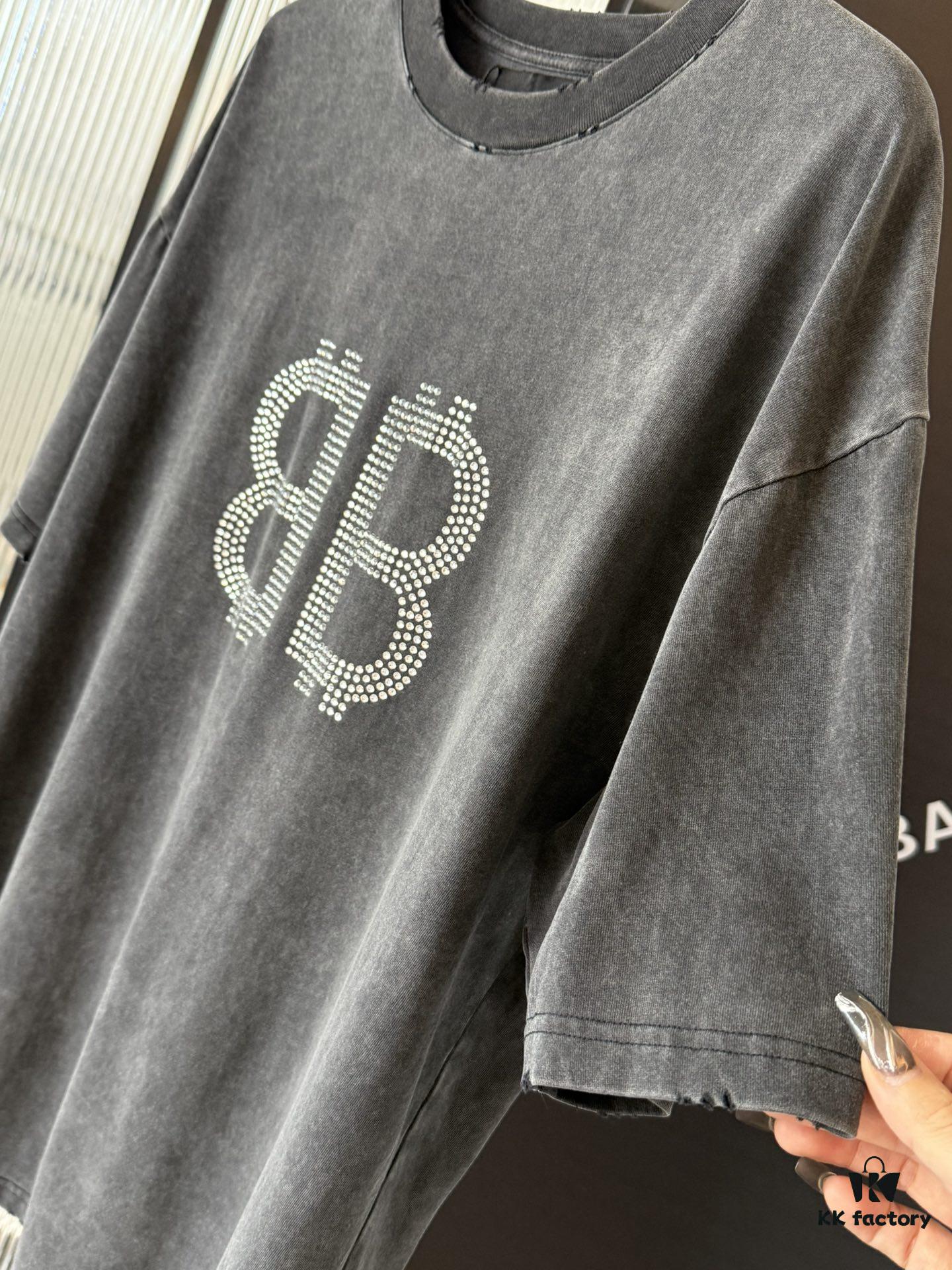 69319fe0ccd8ab3d7af939e1 Balenciaga BB Logo Rhinestone Letter Distressed Washed T-Shirt, Premium Version (Different from Standard Stock), 250g Fabric, Multi-Tear and Ripped Wash Treatment, High-Brightness Imported Australian Rhinestones, Heat-Pressed for Durability, Loose Fit Unisex Short Sleeve Tee