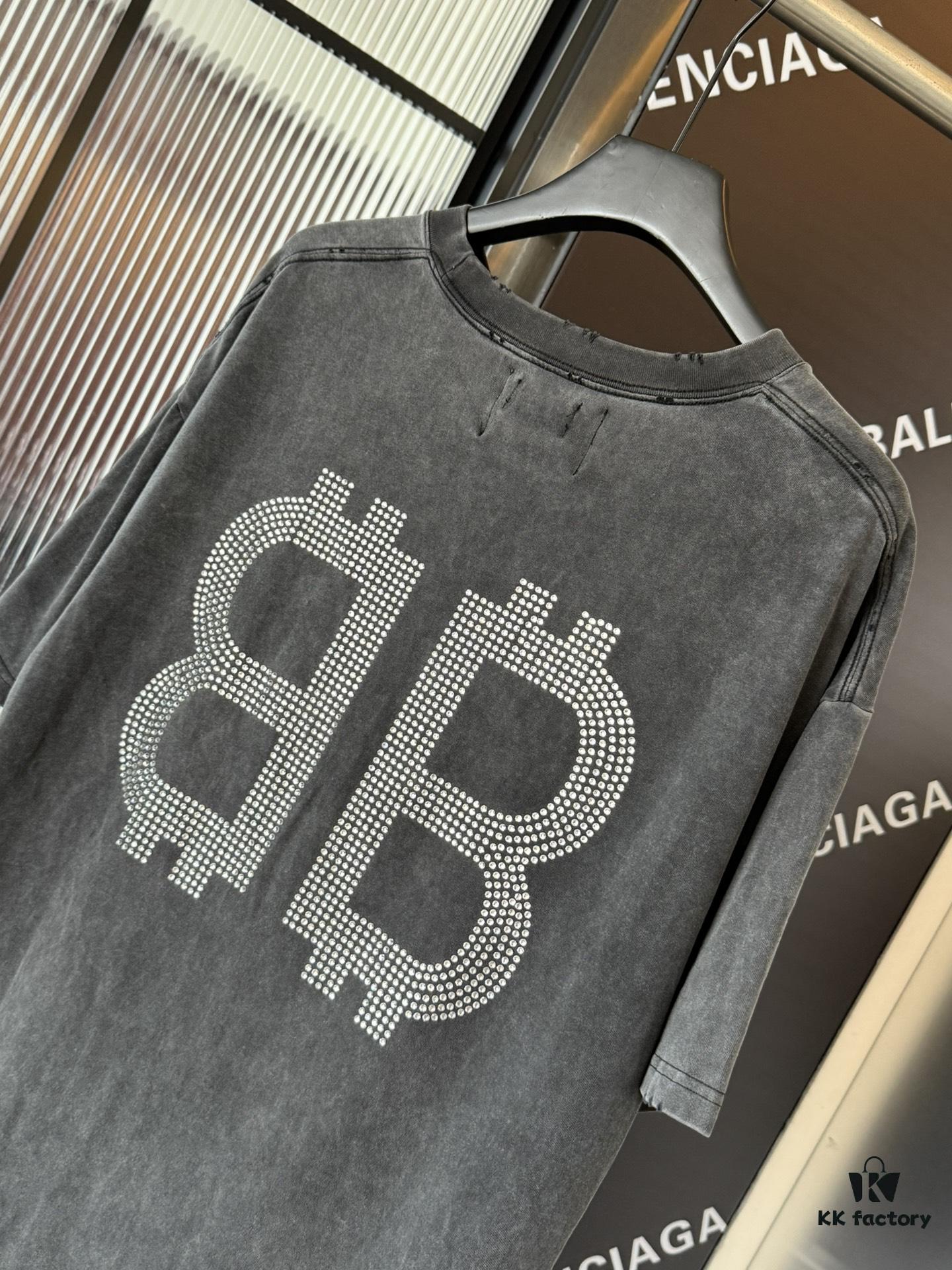69319fe0ccd8ab3d7af939e3 Balenciaga BB Logo Rhinestone Letter Distressed Washed T-Shirt, Premium Version (Different from Standard Stock), 250g Fabric, Multi-Tear and Ripped Wash Treatment, High-Brightness Imported Australian Rhinestones, Heat-Pressed for Durability, Loose Fit Unisex Short Sleeve Tee