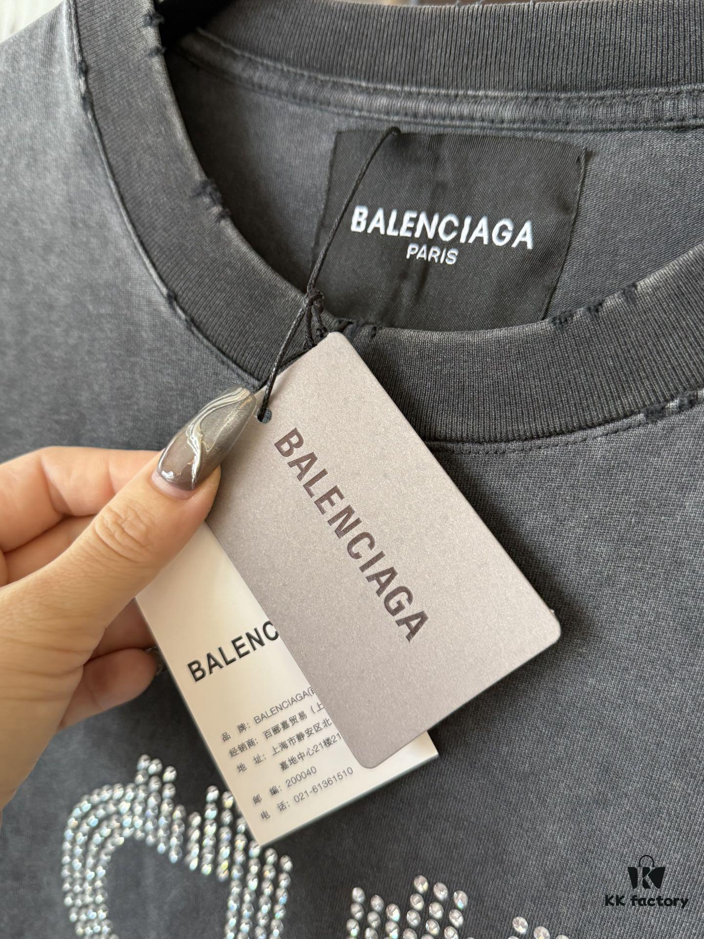 69319fe0ccd8ab3d7af939e5 Balenciaga BB Logo Rhinestone Letter Distressed Washed T-Shirt, Premium Version (Different from Standard Stock), 250g Fabric, Multi-Tear and Ripped Wash Treatment, High-Brightness Imported Australian Rhinestones, Heat-Pressed for Durability, Loose Fit Unisex Short Sleeve Tee
