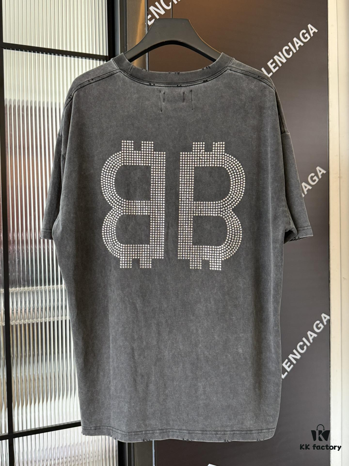 69319fe0ccd8ab3d7af939e6 Balenciaga BB Logo Rhinestone Letter Distressed Washed T-Shirt, Premium Version (Different from Standard Stock), 250g Fabric, Multi-Tear and Ripped Wash Treatment, High-Brightness Imported Australian Rhinestones, Heat-Pressed for Durability, Loose Fit Unisex Short Sleeve Tee