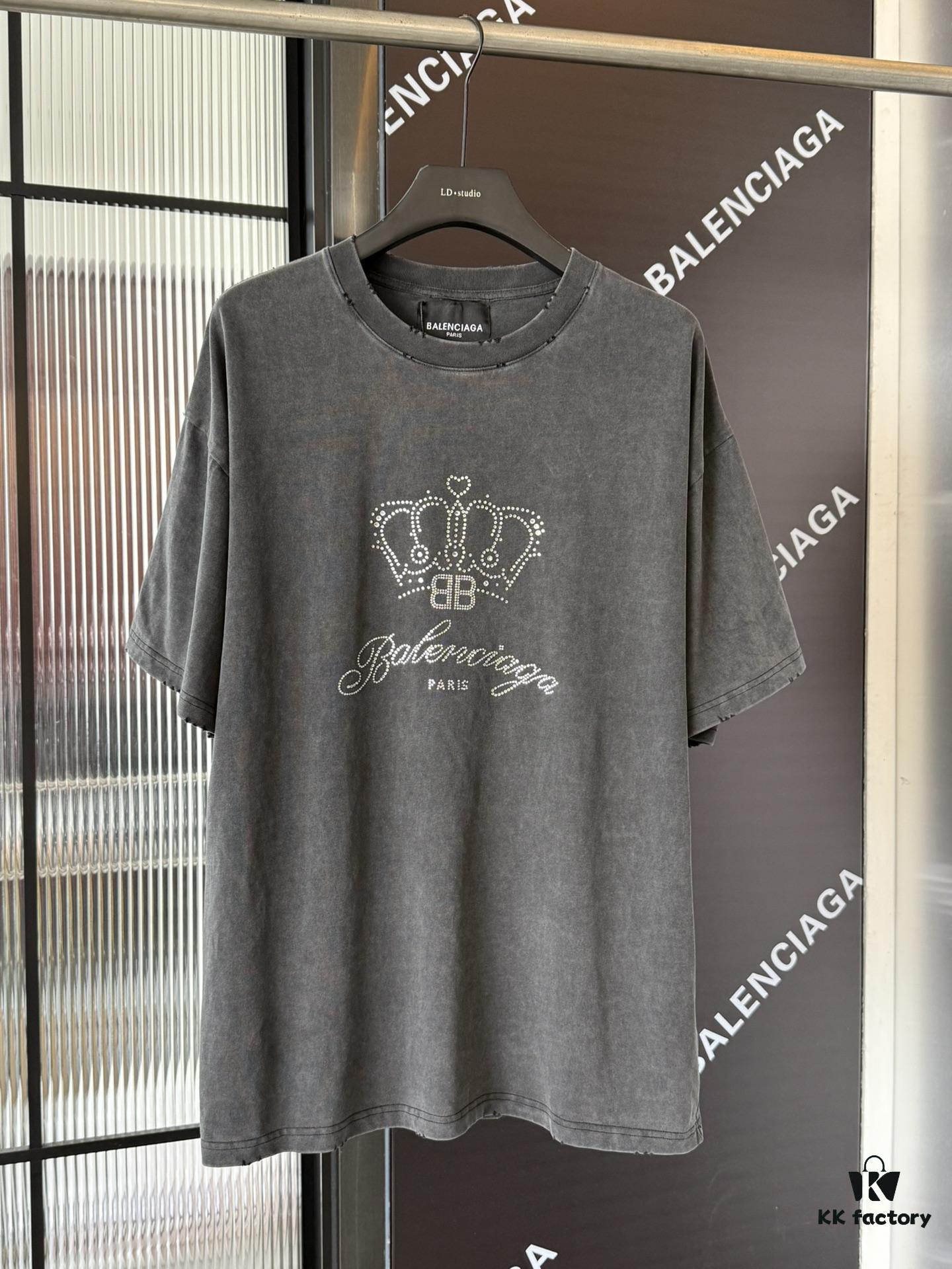 69319fe0ccd8ab3d7af939e7 Balenciaga Crown BB Logo Rhinestone Embellished Distressed Washed T-Shirt, Premium Version (Different from Standard Stock), 250g Fabric with Multi-Tear and Cut-Out Wash Treatment, Imported Australian Rhinestones, Heat-Pressed for Durability, High Shine, Loose Fit Unisex Design
