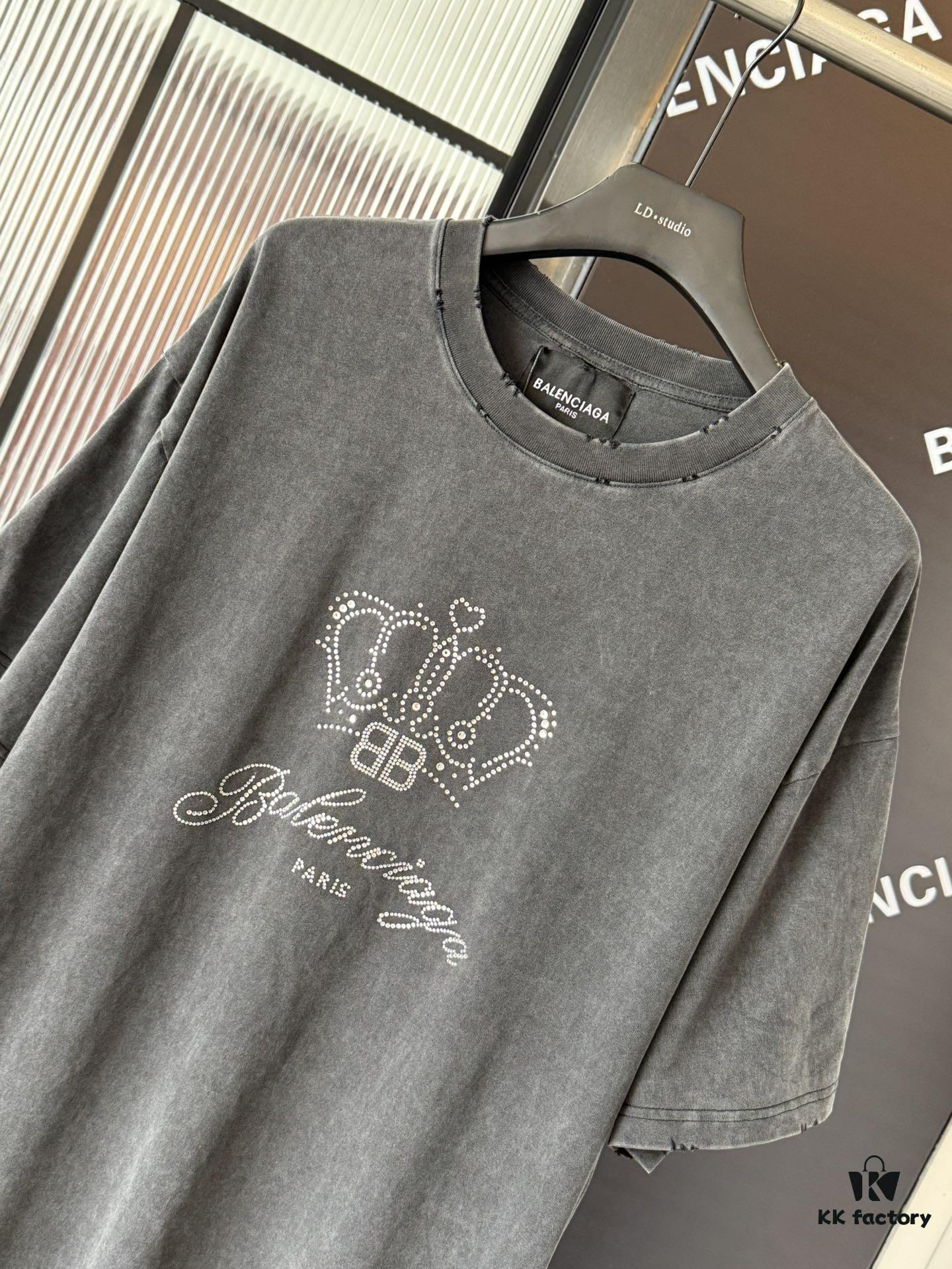 69319fe0ccd8ab3d7af939e8 Balenciaga Crown BB Logo Rhinestone Embellished Distressed Washed T-Shirt, Premium Version (Different from Standard Stock), 250g Fabric with Multi-Tear and Cut-Out Wash Treatment, Imported Australian Rhinestones, Heat-Pressed for Durability, High Shine, Loose Fit Unisex Design