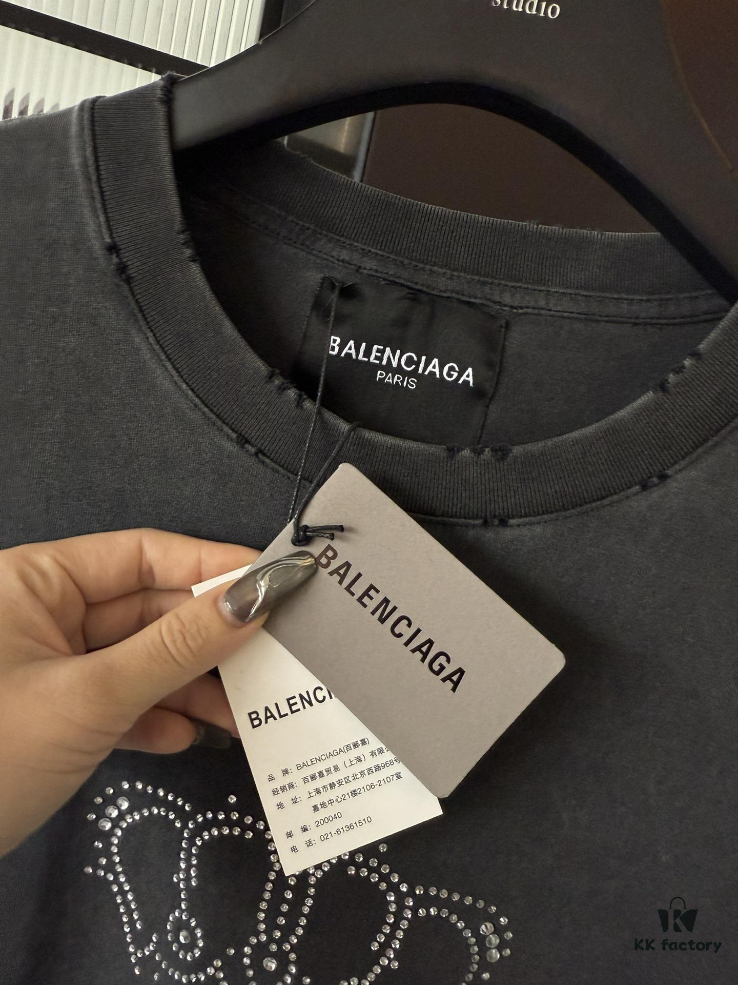 69319fe0ccd8ab3d7af939f1 Balenciaga Crown BB Logo Rhinestone Embellished Distressed Washed T-Shirt, Premium Version (Different from Standard Stock), 250g Fabric with Multi-Tear and Cut-Out Wash Treatment, Imported Australian Rhinestones, Heat-Pressed for Durability, High Shine, Loose Fit Unisex Design