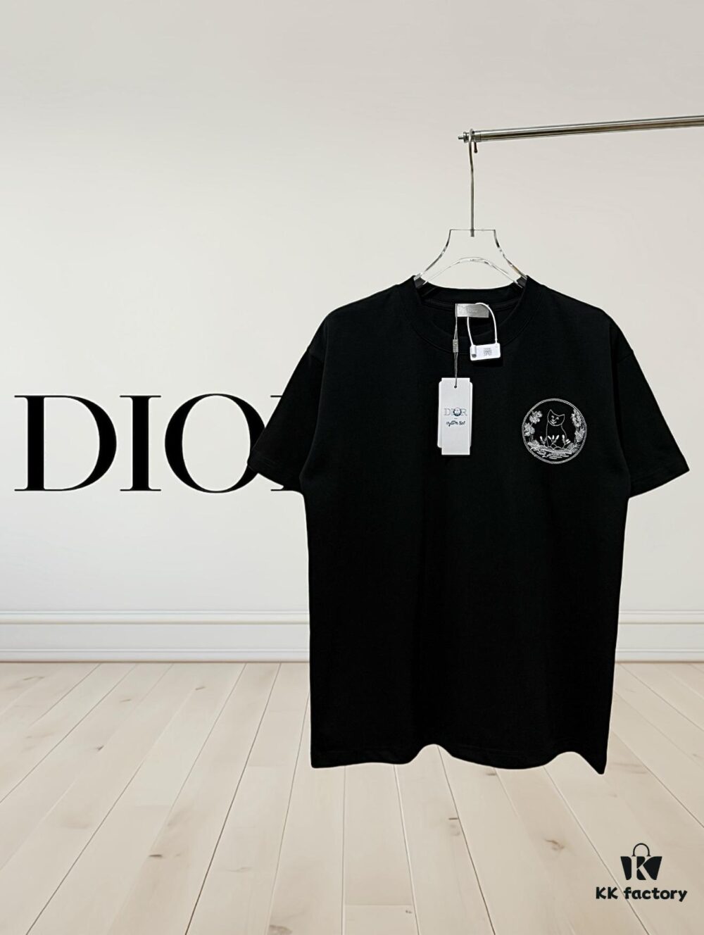 6931a017ccd8ab3d7af93d77 Dior Collaborative Embroidered Cat Short Sleeve T-Shirt in Premium Washed Cotton