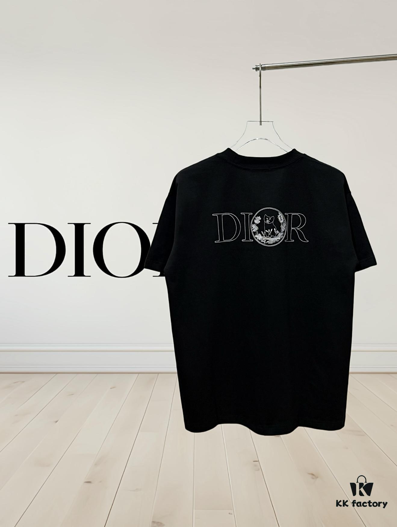 6931a017ccd8ab3d7af93d78 Dior Collaborative Embroidered Cat Short Sleeve T-Shirt in Premium Washed Cotton