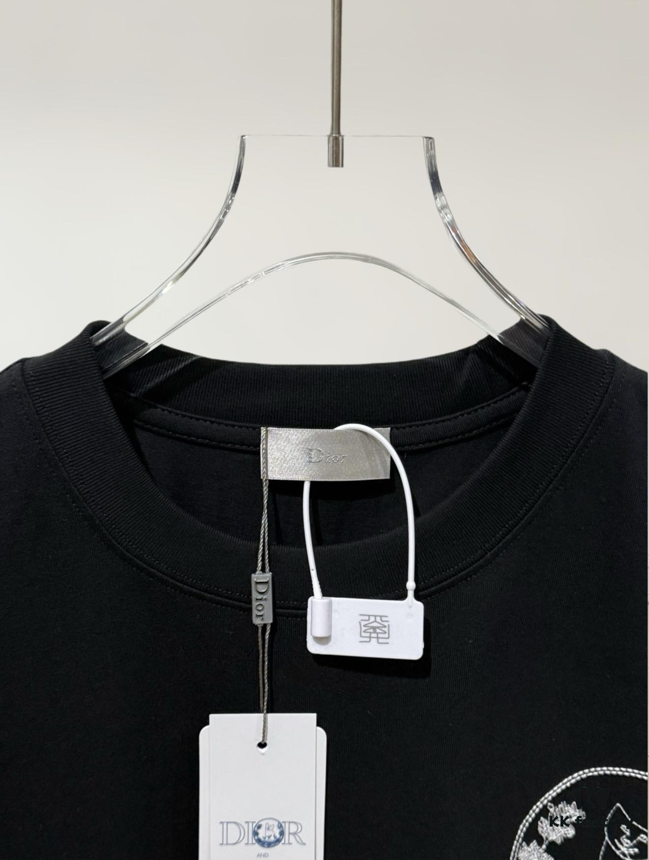 6931a017ccd8ab3d7af93d79 Dior Collaborative Embroidered Cat Short Sleeve T-Shirt in Premium Washed Cotton