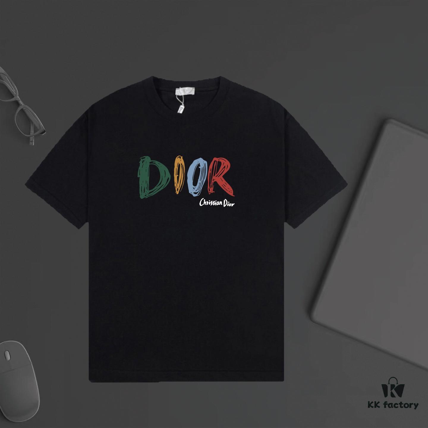 6931a026ccd8ab3d7af93def DIOR Letter Print Two-Tone Short Sleeve T-Shirt, Premium 240g Dyed Fabric, Unisex Fashion Comfortable Tee