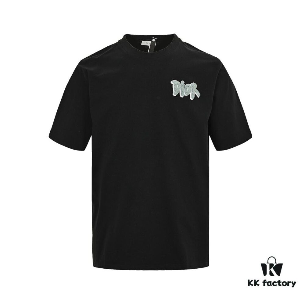 6931a048ccd8ab3d7af94080 Dior Logo Embroidered Short Sleeve T-Shirt with Double Exposure Brush Stitch