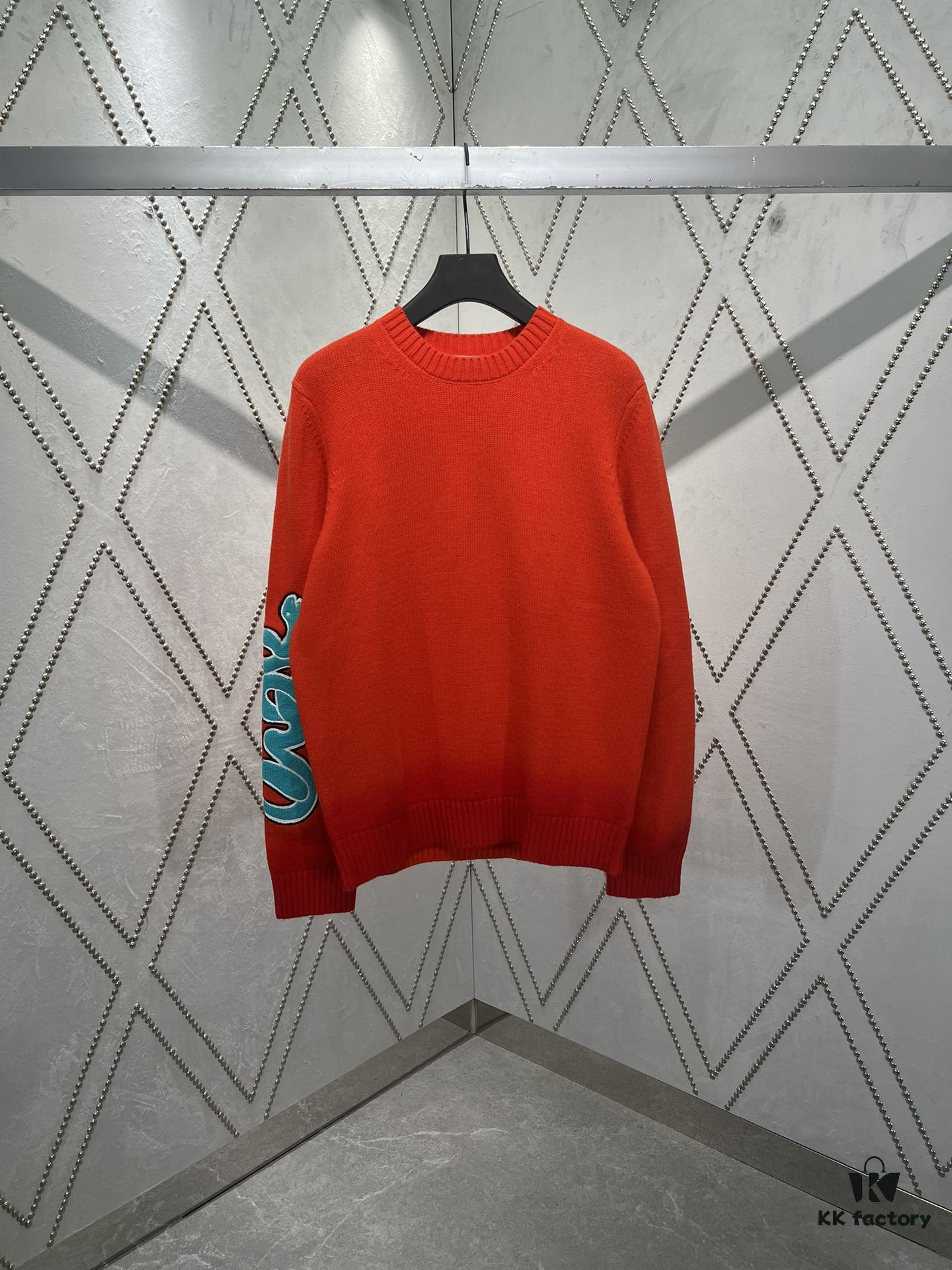 6931a058ccd8ab3d7af941dd DIOR 25SS New Arrival Knitwear from the DIOR AND KAWS Limited Collection. Crafted from red and burgundy wool knit fabric, one sleeve features the DIOR AND KAWS signature embroidery, reinterpreting the Dior logo with a vibrant serpentine motif. The hem and cuffs feature contrasting details, perfect for pairing with classic jeans or shorts to create a striking look.