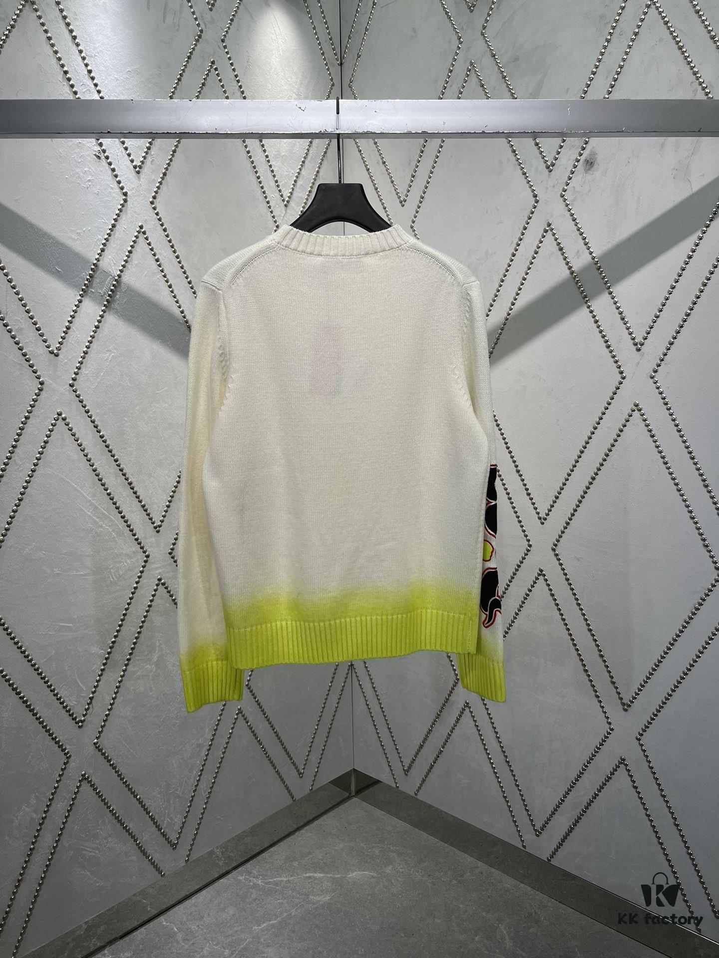6931a059ccd8ab3d7af941e7 Dior 25SS New Arrival Knitwear from the DIOR AND KAWS Limited Edition Collection. Crafted from white and yellow wool knit fabric, one sleeve features the DIOR AND KAWS signature embroidery, reinterpreting the Dior logo with a colorful serpentine design. The hem and cuffs are finished with contrasting details, perfect for pairing with classic jeans or shorts to create a striking look.