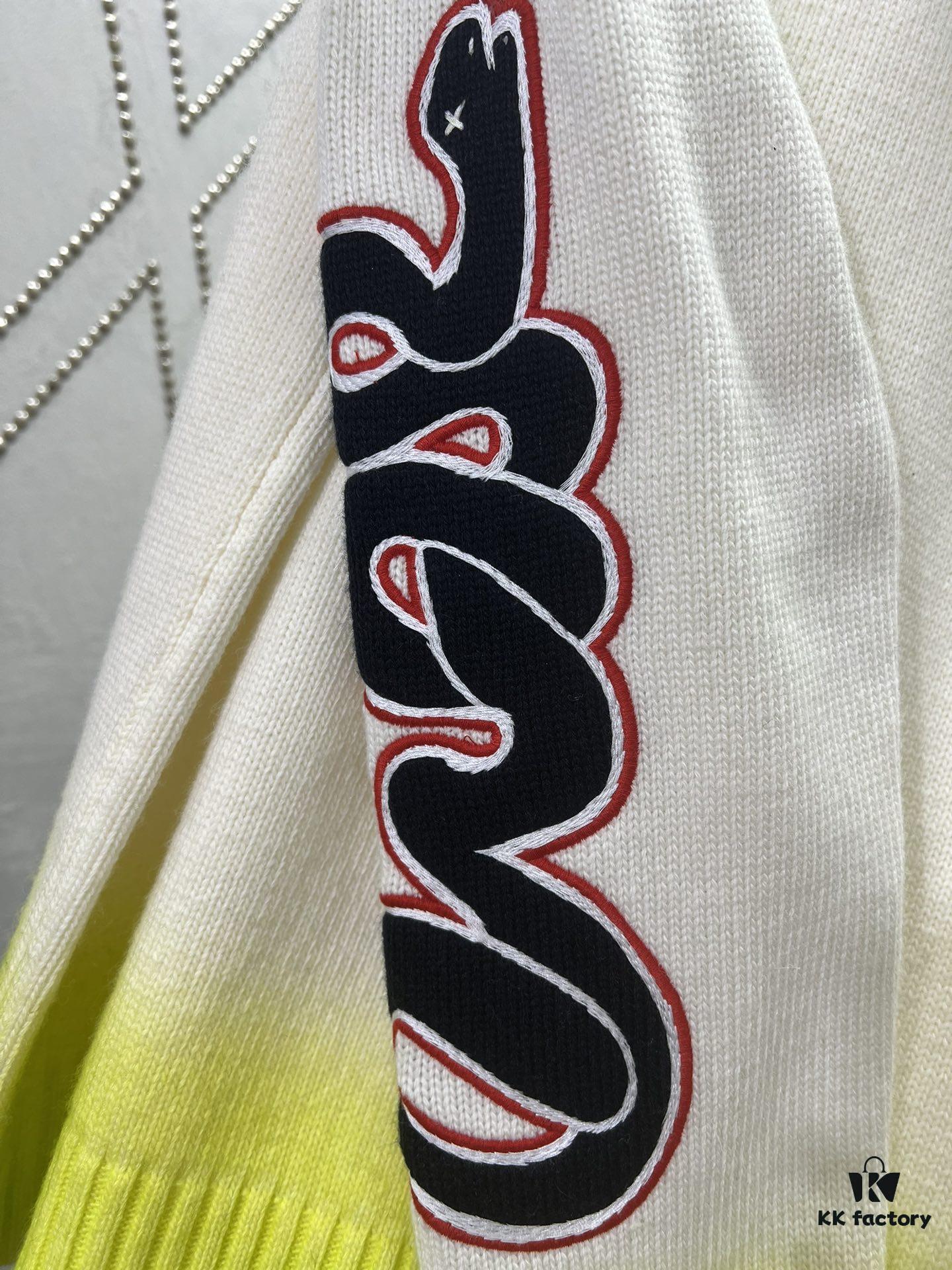 6931a059ccd8ab3d7af941ea Dior 25SS New Arrival Knitwear from the DIOR AND KAWS Limited Edition Collection. Crafted from white and yellow wool knit fabric, one sleeve features the DIOR AND KAWS signature embroidery, reinterpreting the Dior logo with a colorful serpentine design. The hem and cuffs are finished with contrasting details, perfect for pairing with classic jeans or shorts to create a striking look.