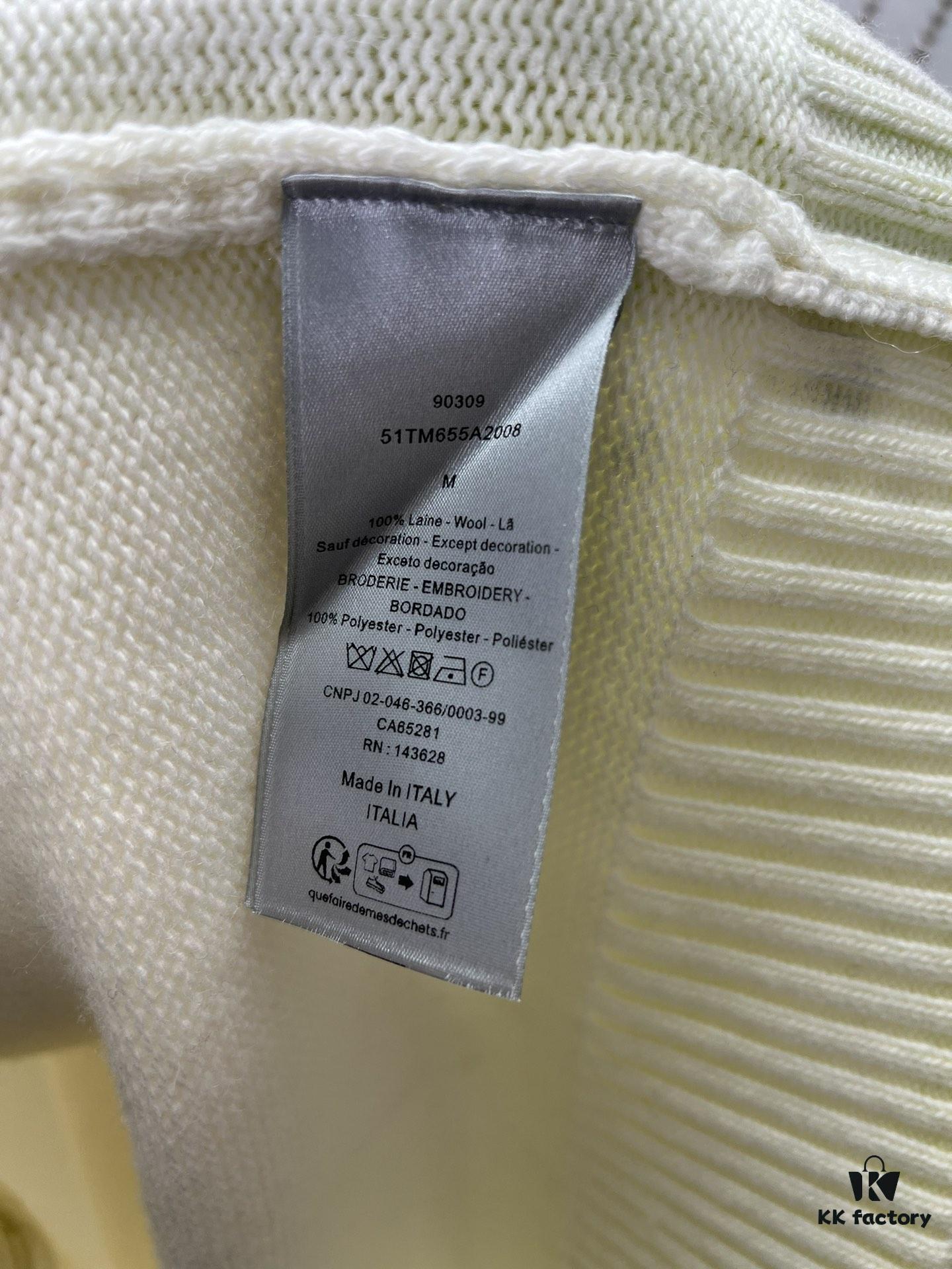 6931a059ccd8ab3d7af941ee Dior 25SS New Arrival Knitwear from the DIOR AND KAWS Limited Edition Collection. Crafted from white and yellow wool knit fabric, one sleeve features the DIOR AND KAWS signature embroidery, reinterpreting the Dior logo with a colorful serpentine design. The hem and cuffs are finished with contrasting details, perfect for pairing with classic jeans or shorts to create a striking look.