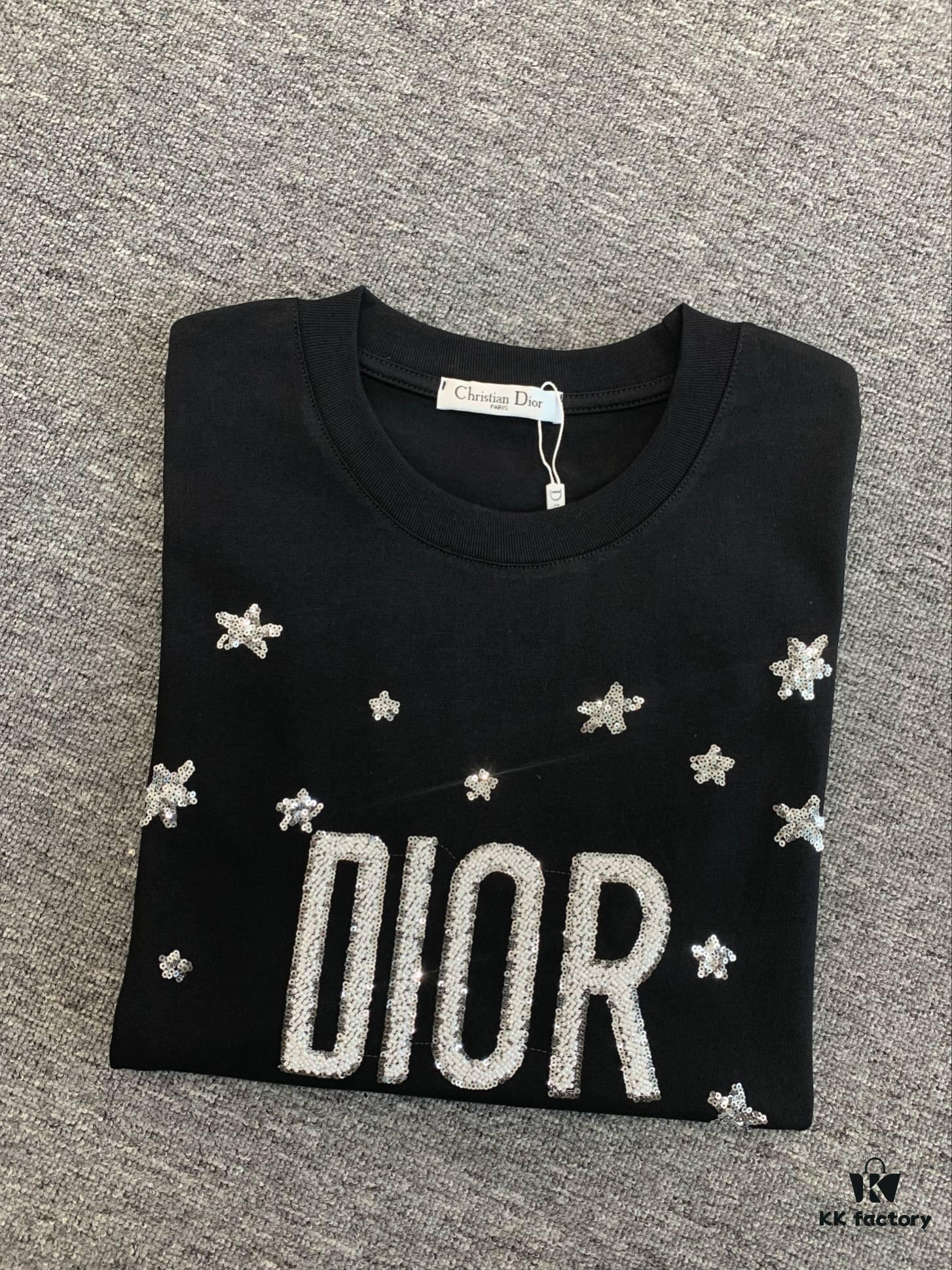 6931a073ccd8ab3d7af943ef New Dior Short-Sleeve T-Shirt with Heavy Embroidered Stars and Lettering