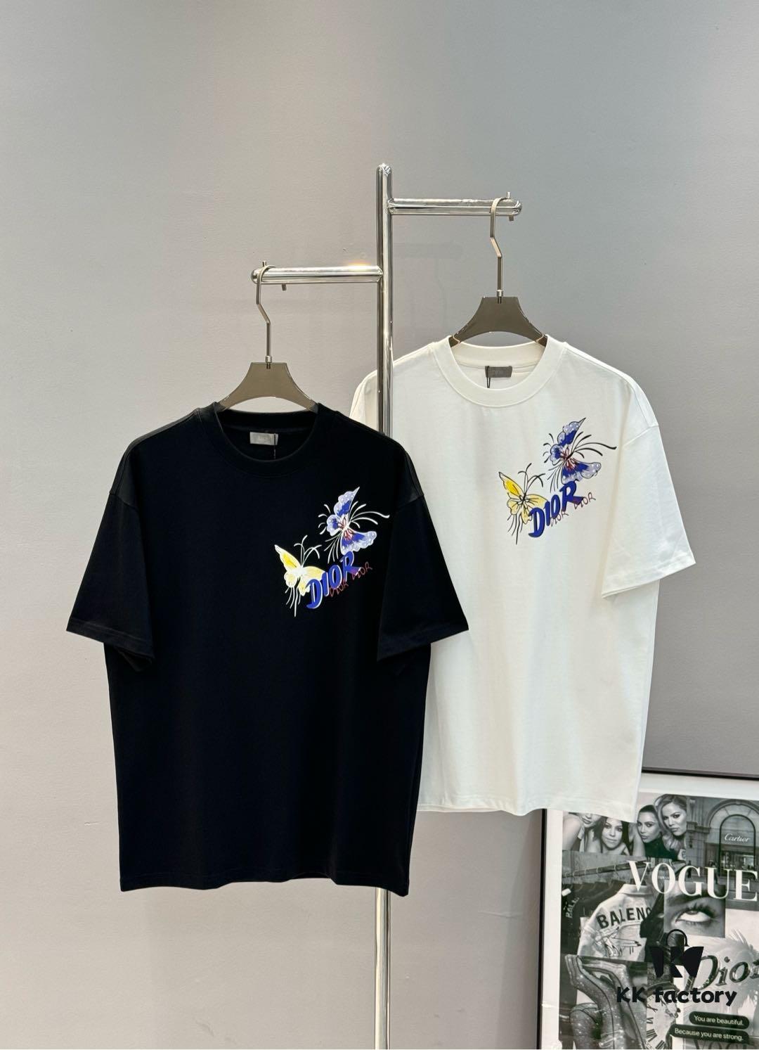 6931a08accd8ab3d7af945c0 DIO*R DIOR 25s New Couple Round Neck T-Shirt with Fresh Butterfly Effect Print, 260g 100% Premium Cotton, Soft and Elastic Fabric, Crisp and Vivid Design, Comfortable, Breathable, Ideal for Daily Wear or Layering