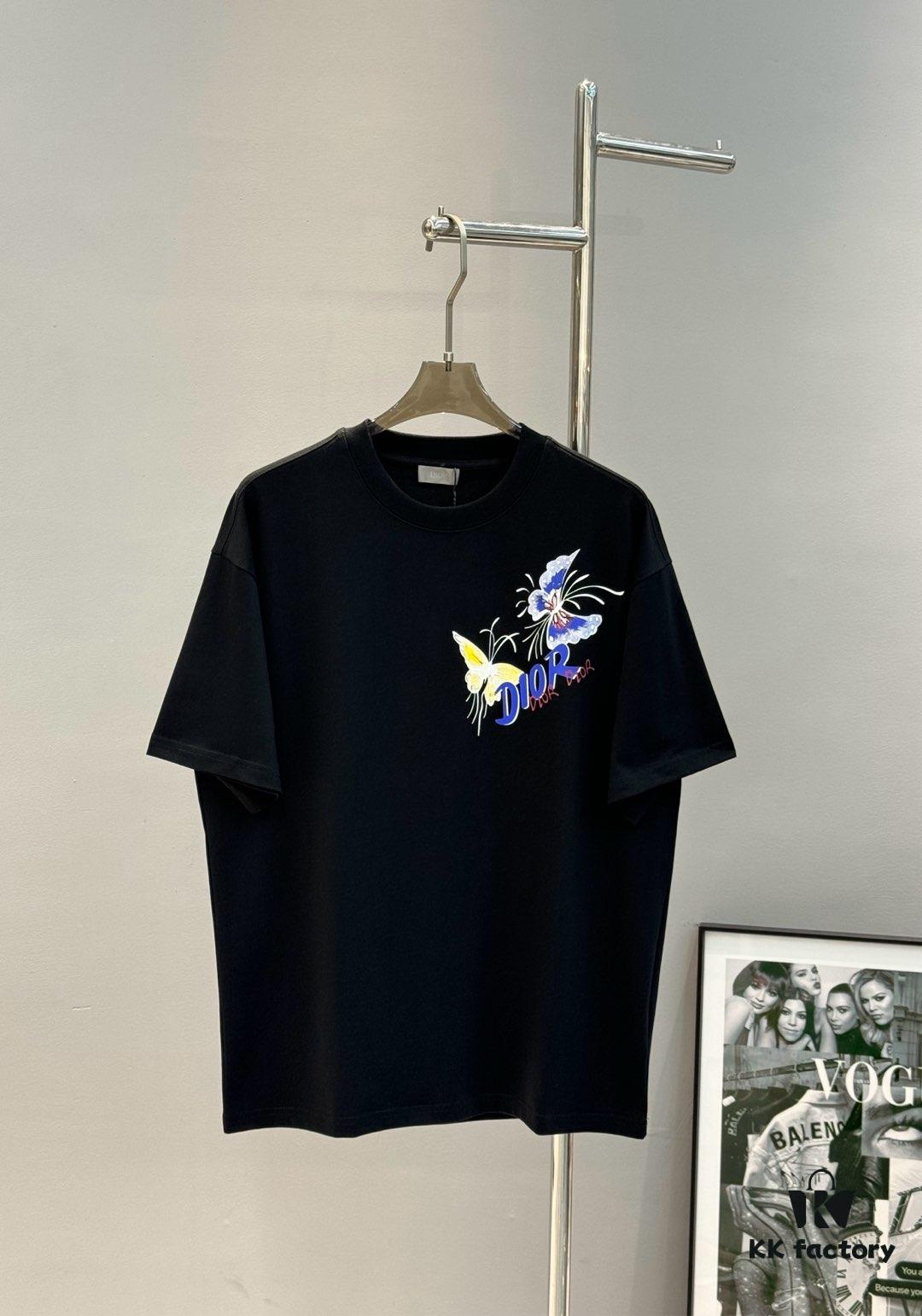 6931a08accd8ab3d7af945c1 DIO*R DIOR 25s New Couple Round Neck T-Shirt with Fresh Butterfly Effect Print, 260g 100% Premium Cotton, Soft and Elastic Fabric, Crisp and Vivid Design, Comfortable, Breathable, Ideal for Daily Wear or Layering