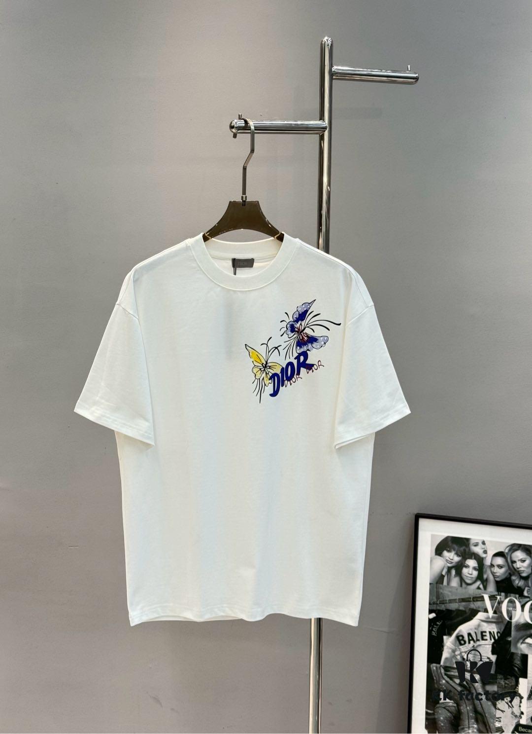 6931a08accd8ab3d7af945c2 DIO*R DIOR 25s New Couple Round Neck T-Shirt with Fresh Butterfly Effect Print, 260g 100% Premium Cotton, Soft and Elastic Fabric, Crisp and Vivid Design, Comfortable, Breathable, Ideal for Daily Wear or Layering