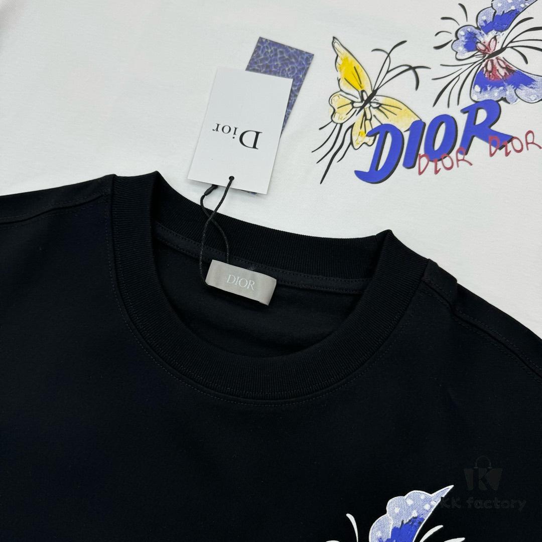6931a08accd8ab3d7af945c3 DIO*R DIOR 25s New Couple Round Neck T-Shirt with Fresh Butterfly Effect Print, 260g 100% Premium Cotton, Soft and Elastic Fabric, Crisp and Vivid Design, Comfortable, Breathable, Ideal for Daily Wear or Layering