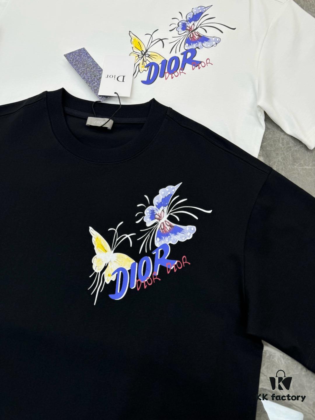 6931a08accd8ab3d7af945c4 DIO*R DIOR 25s New Couple Round Neck T-Shirt with Fresh Butterfly Effect Print, 260g 100% Premium Cotton, Soft and Elastic Fabric, Crisp and Vivid Design, Comfortable, Breathable, Ideal for Daily Wear or Layering