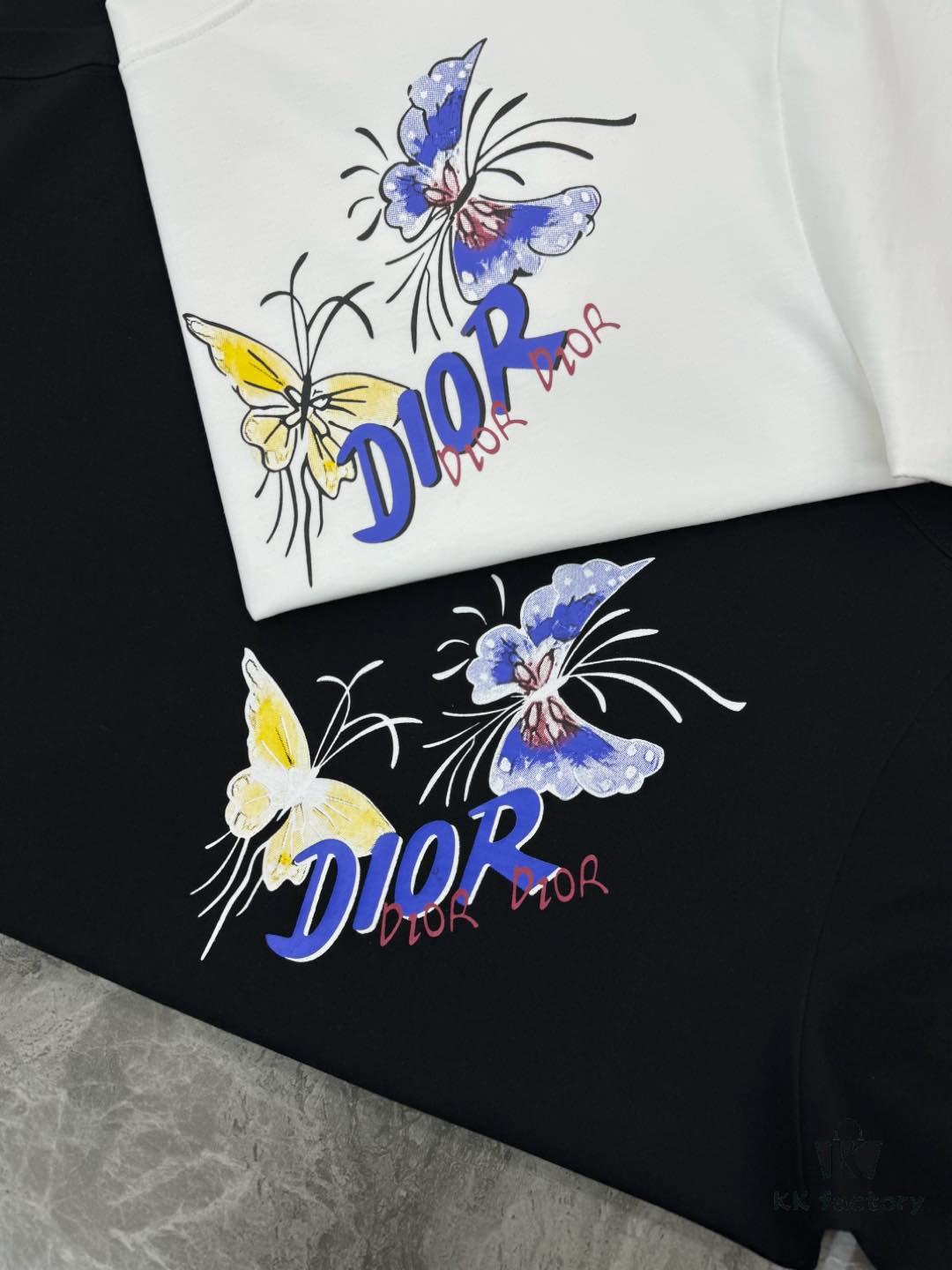 6931a08accd8ab3d7af945c7 DIO*R DIOR 25s New Couple Round Neck T-Shirt with Fresh Butterfly Effect Print, 260g 100% Premium Cotton, Soft and Elastic Fabric, Crisp and Vivid Design, Comfortable, Breathable, Ideal for Daily Wear or Layering
