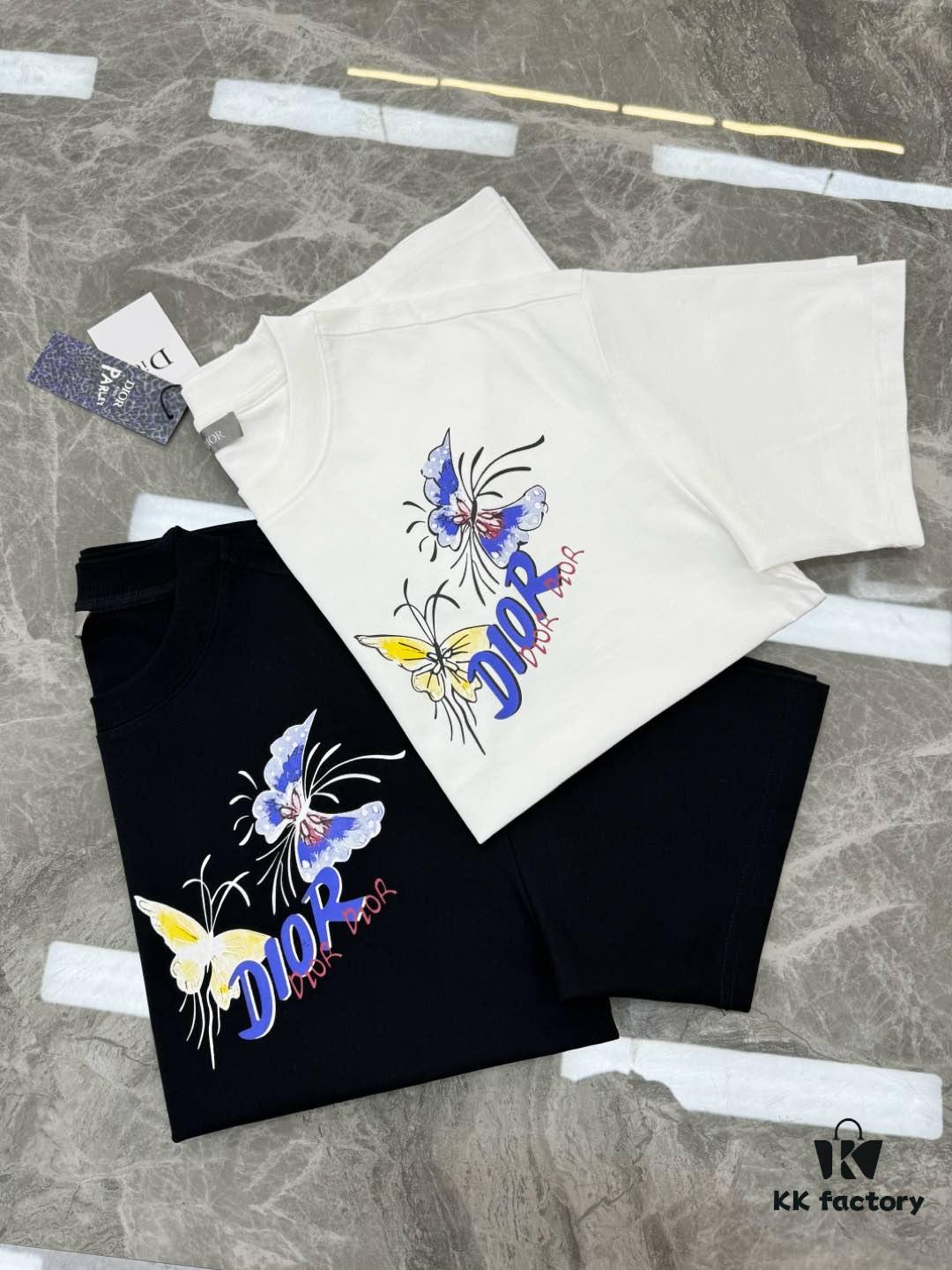 6931a08accd8ab3d7af945c8 DIO*R DIOR 25s New Couple Round Neck T-Shirt with Fresh Butterfly Effect Print, 260g 100% Premium Cotton, Soft and Elastic Fabric, Crisp and Vivid Design, Comfortable, Breathable, Ideal for Daily Wear or Layering