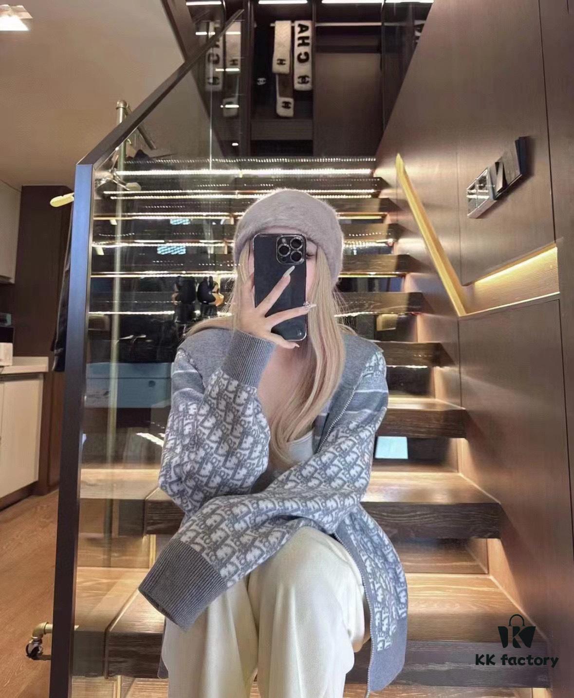 DIOR Cashmere Blend Reversible Logo Knit Coat