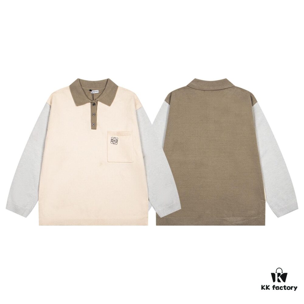 6931a0c9ccd8ab3d7af94aab New Loewe Colorblock Embroidered Collar Preppy Polo Knit Sweater with Side Slits