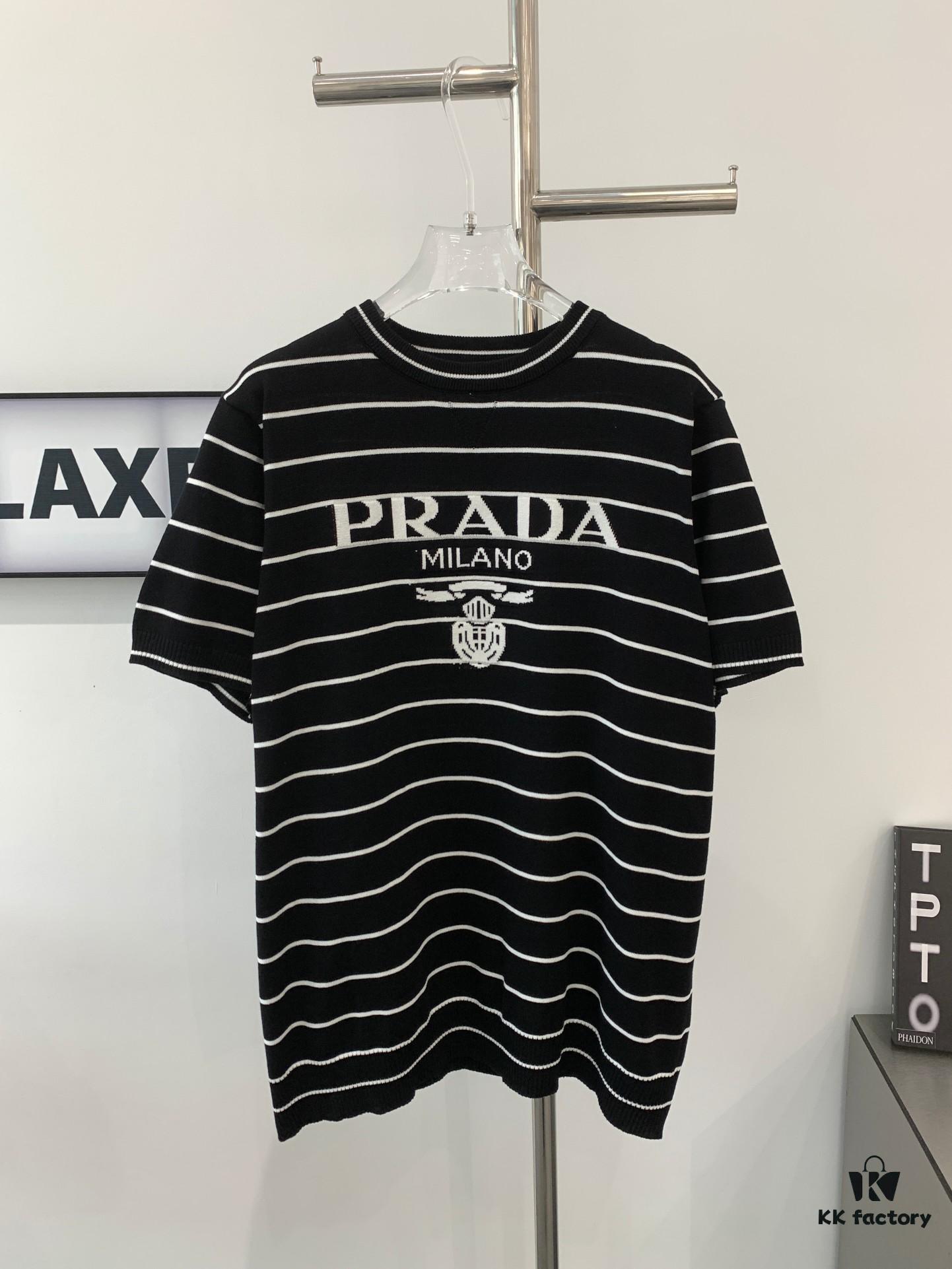 6931a0efccd8ab3d7af94ce5 New Prada Striped Classic Logo Short Sleeve T-Shirt