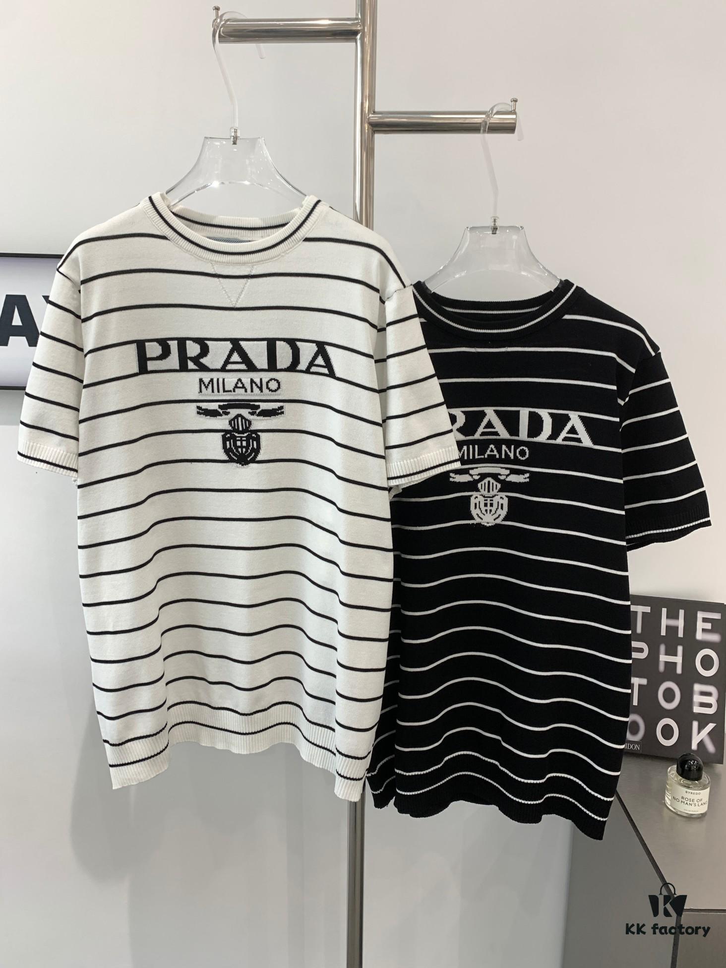 6931a0efccd8ab3d7af94ce7 New Prada Striped Classic Logo Short Sleeve T-Shirt