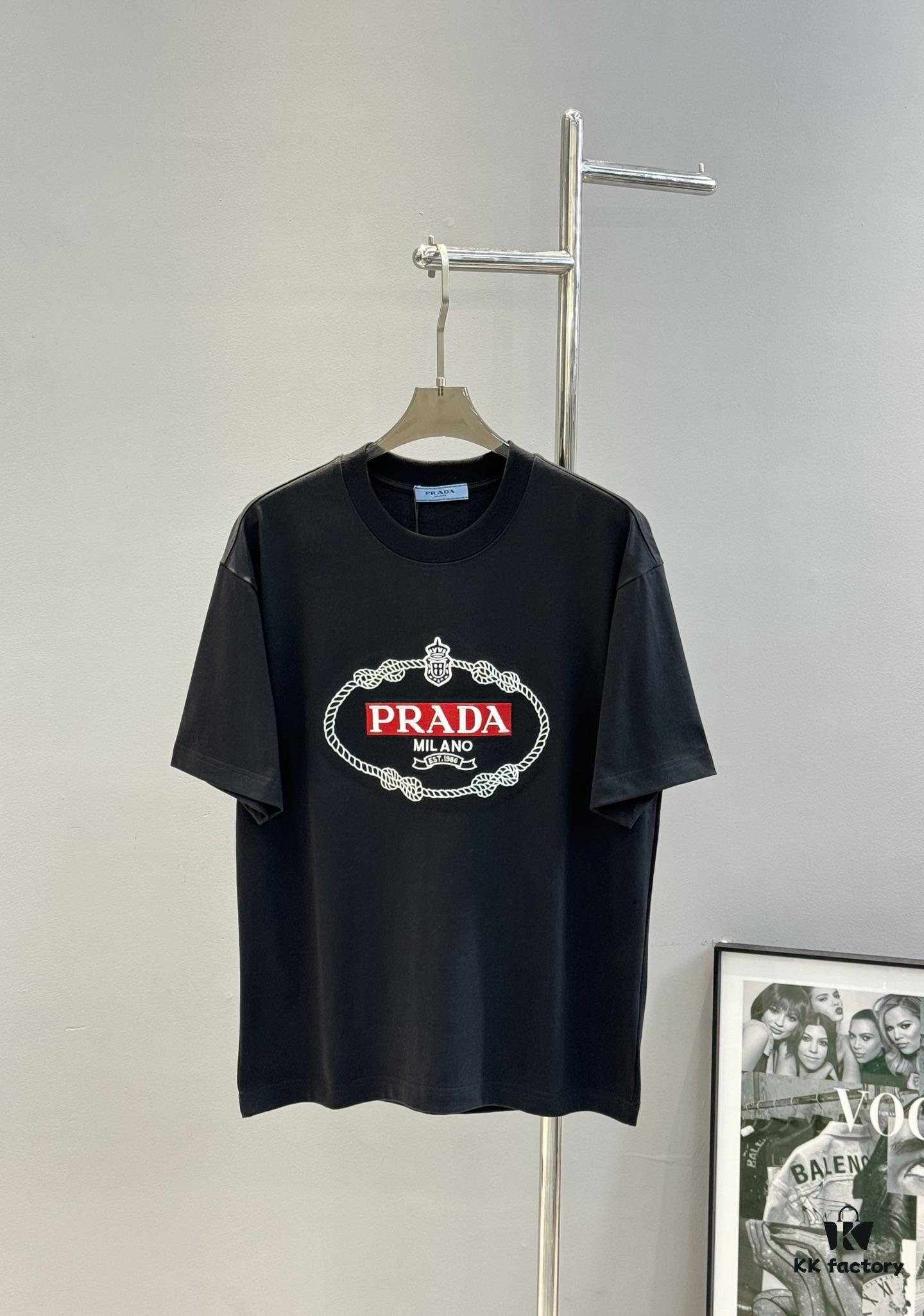 Prada New 2025 Unisex T-Shirt – Basic Style with Premium Embroidered Logo, Heavyweight 280g Soft Cotton, Relaxed Fit