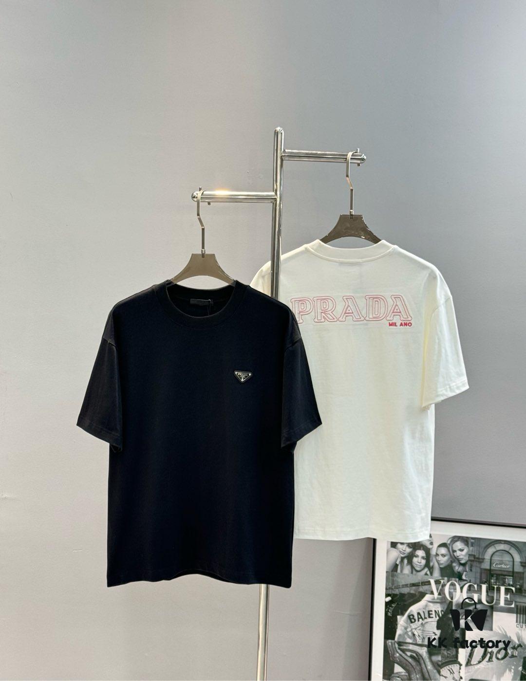 6931a103ccd8ab3d7af94e77 PRAD* Prada 25s New Arrival Unisex T-Shirt with Embroidered Back Logo, Contrast Pink Design, Triangle Metal Badge on Chest, 280g Pure Cotton Fabric, Classic Brand Lettering, High-Fashion Streetwear