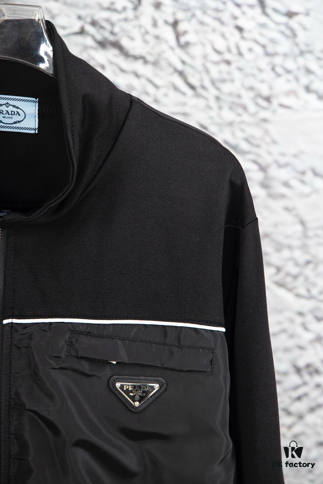 New PRADA Triangle Logo Patched Stand Collar Jacket Unisex Couples Style