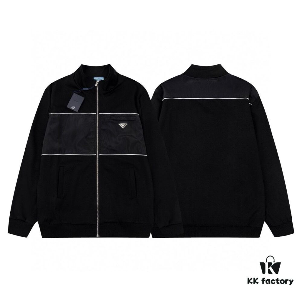 6931a10eccd8ab3d7af94f36 New PRADA Triangle Logo Patch Stand Collar Jacket Unisex Couple Style