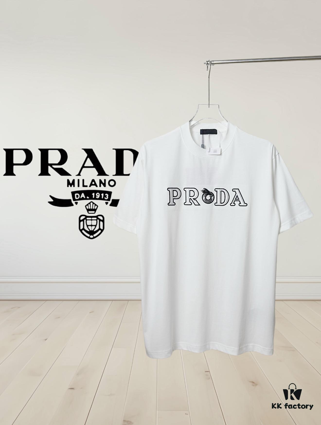 6931a116ccd8ab3d7af94fcb Prada High-End SS25 Spring/Summer Collection, In-Store Exclusive, Premium Channel Release, Embroidered Logo Relief Series, Crew Neck Short-Sleeve T-Shirt with Slightly Relaxed Fit