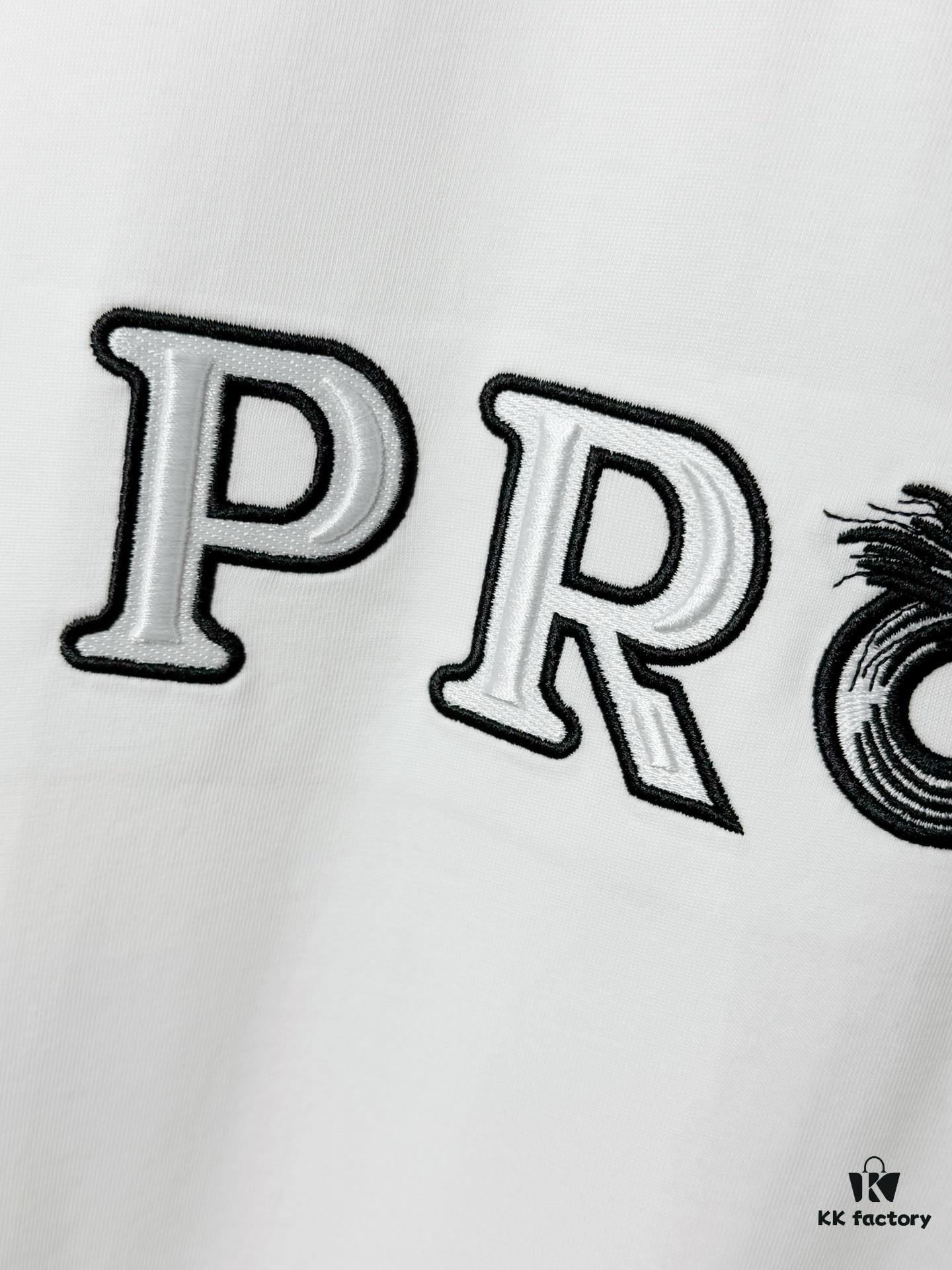 6931a116ccd8ab3d7af94fd0 Prada High-End SS25 Spring/Summer Collection, In-Store Exclusive, Premium Channel Release, Embroidered Logo Relief Series, Crew Neck Short-Sleeve T-Shirt with Slightly Relaxed Fit