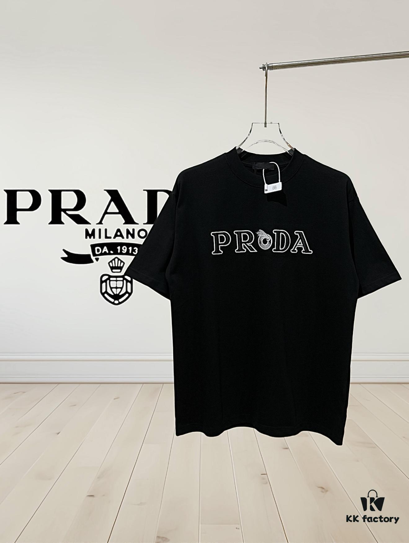 6931a117ccd8ab3d7af94fdd Prada High-End SS25 Spring/Summer Collection, In-Store Retail Quality, Embroidered Relief Letter Design, Crew Neck Short-Sleeve T-Shirt with Slightly Loose Fit